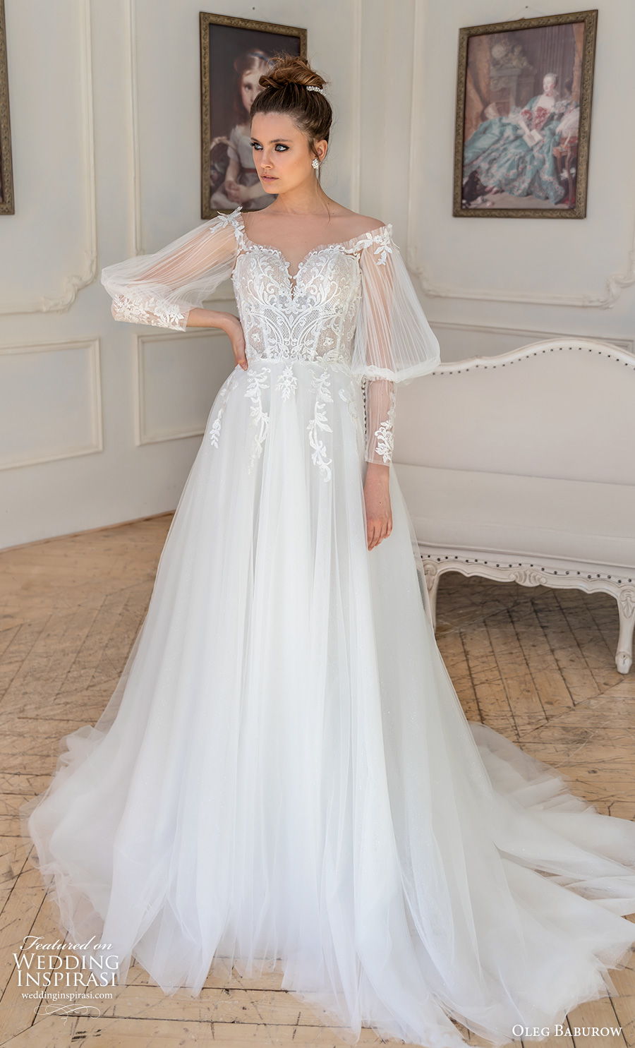 oleg baburow 2021 bridal long gigot sleeves sweetheart neckline heavily embellished bodice romantic elegant a  line wedding dress sheer button back medium train (10) mv