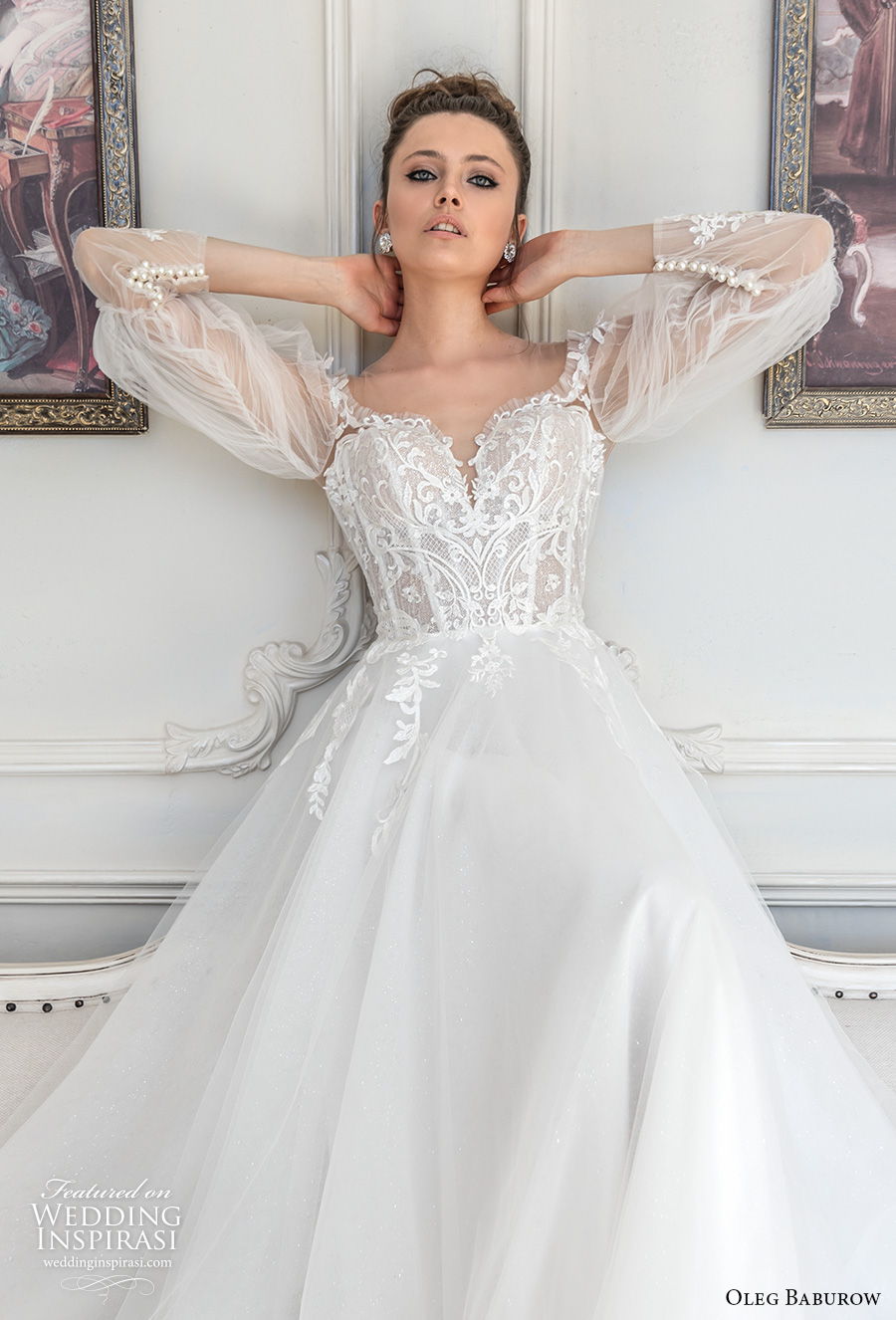 oleg baburow 2021 bridal long gigot sleeves sweetheart neckline heavily embellished bodice romantic elegant a  line wedding dress sheer button back medium train (10) zv