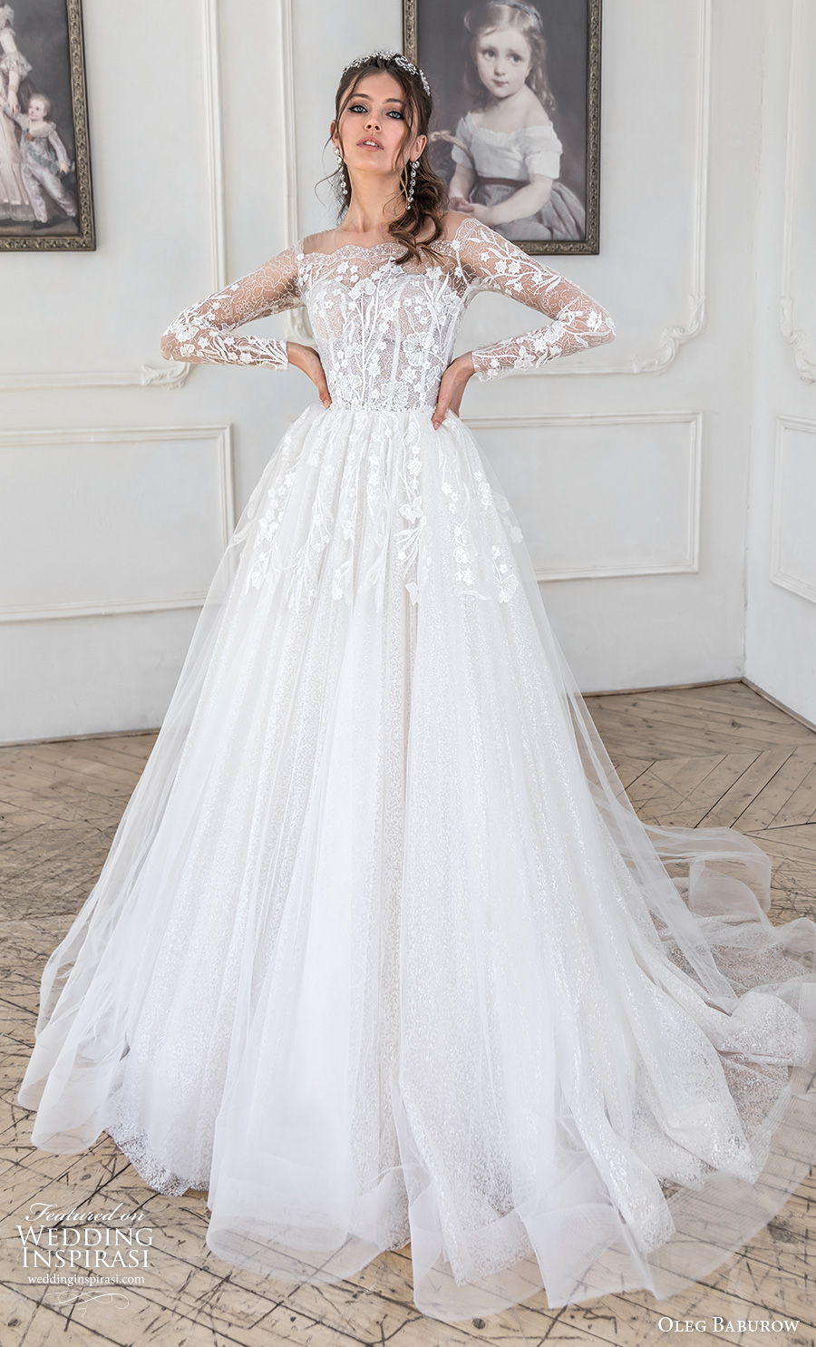 oleg baburow 2021 bridal long sleeves illusion bateau sweetheart neckline heavily embellished bodice romantic a  line wedding dress mid back chapel train (7) mv