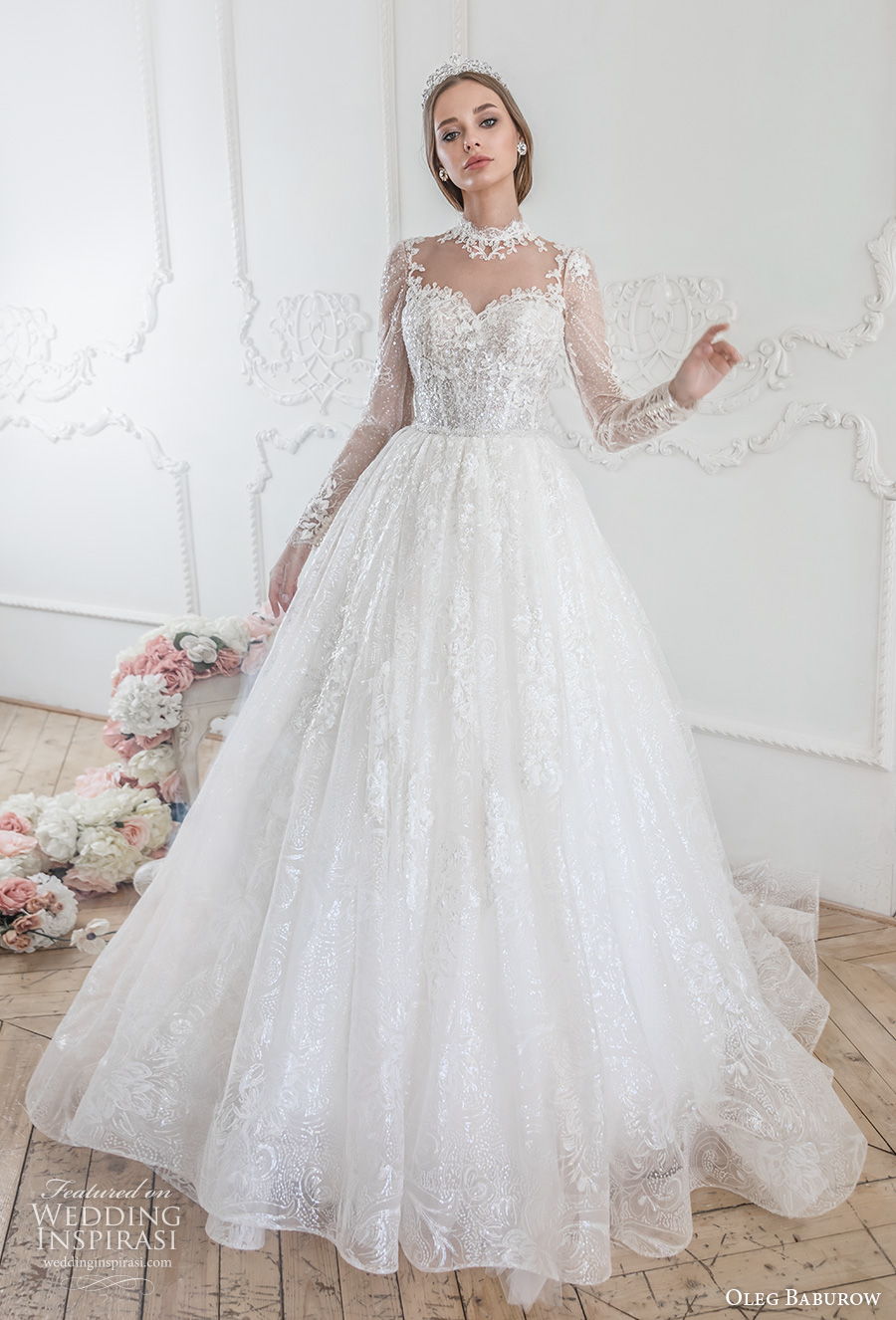 oleg baburow 2021 bridal long sleeves illusion high neck sweetheart neck heavily embellished bodice princess elegant a  line wedding dress sheer button back chapel train (14) mv