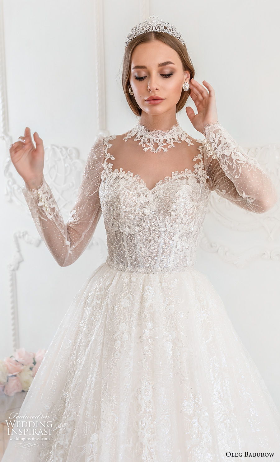 oleg baburow 2021 bridal long sleeves illusion high neck sweetheart neck heavily embellished bodice princess elegant a  line wedding dress sheer button back chapel train (14) zv