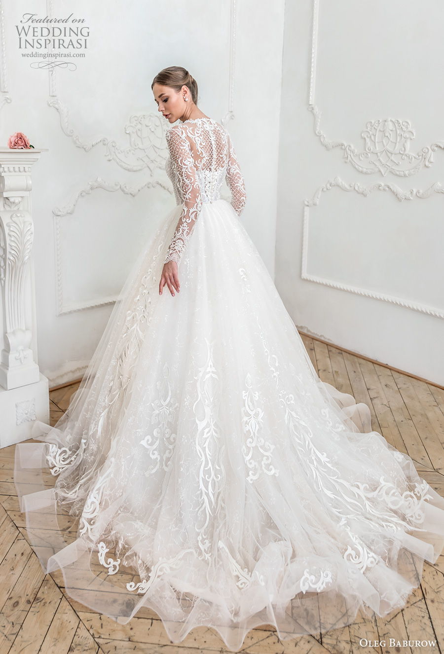 oleg baburow 2021 bridal long sleeves illusion high neck sweetheart neckline heavily embellished bodice elegant a  line wedding dress lace back chapel train (1) bv 