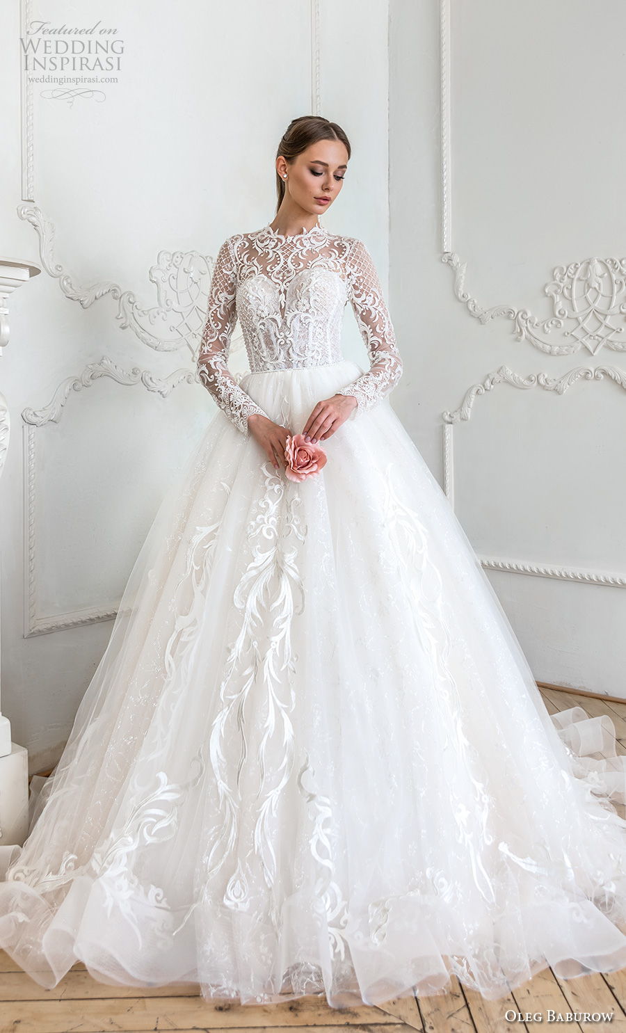 oleg baburow 2021 bridal long sleeves illusion high neck sweetheart neckline heavily embellished bodice elegant a  line wedding dress lace back chapel train (1) mv 