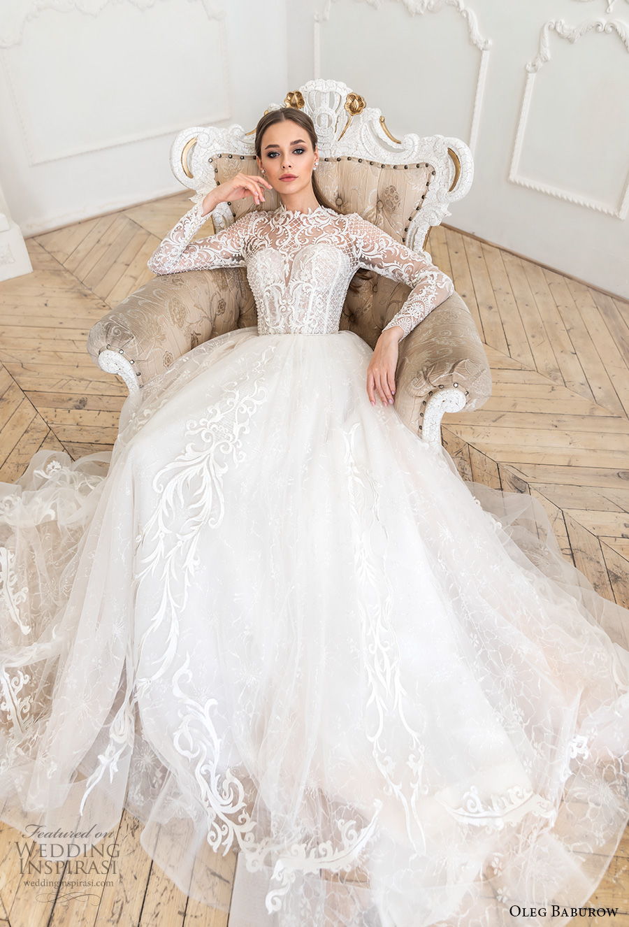 oleg baburow 2021 bridal long sleeves illusion high neck sweetheart neckline heavily embellished bodice elegant a  line wedding dress lace back chapel train (1) mv