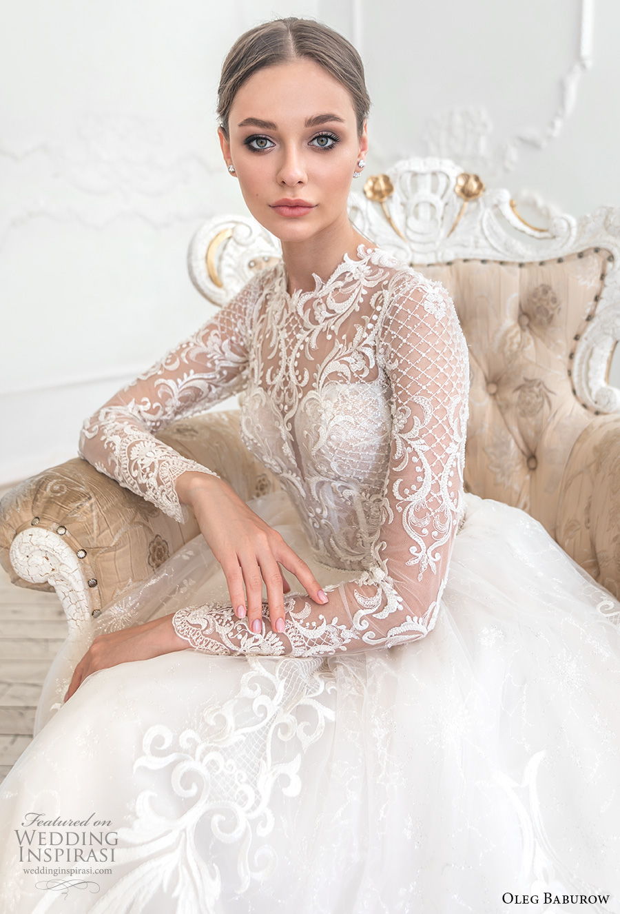 oleg baburow 2021 bridal long sleeves illusion high neck sweetheart neckline heavily embellished bodice elegant a  line wedding dress lace back chapel train (1) zv