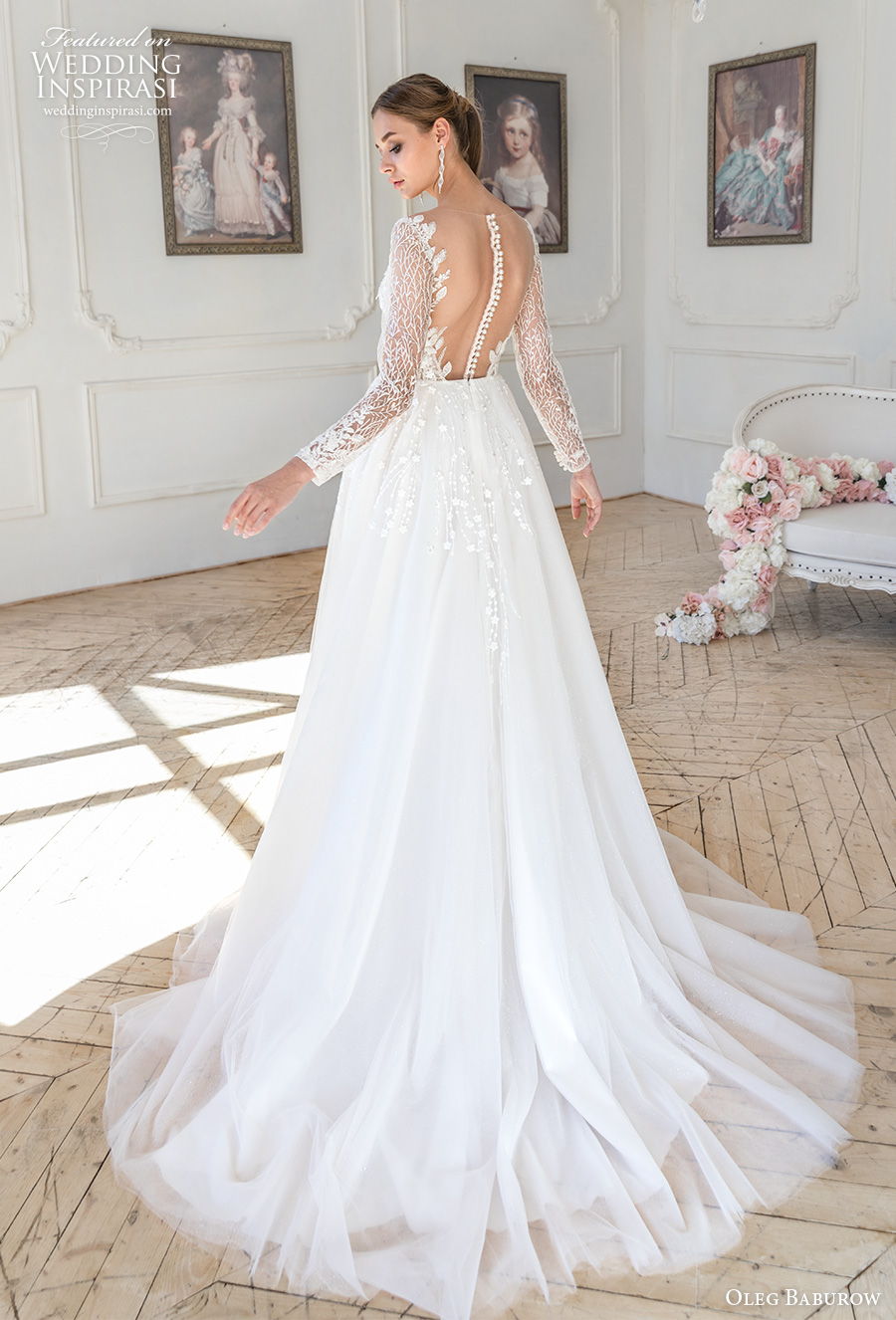 oleg baburow 2021 bridal long sleeves sweetheart neckline heavily embellished bodice elegant a  line wedding dress sheer button back medium train (8) bv