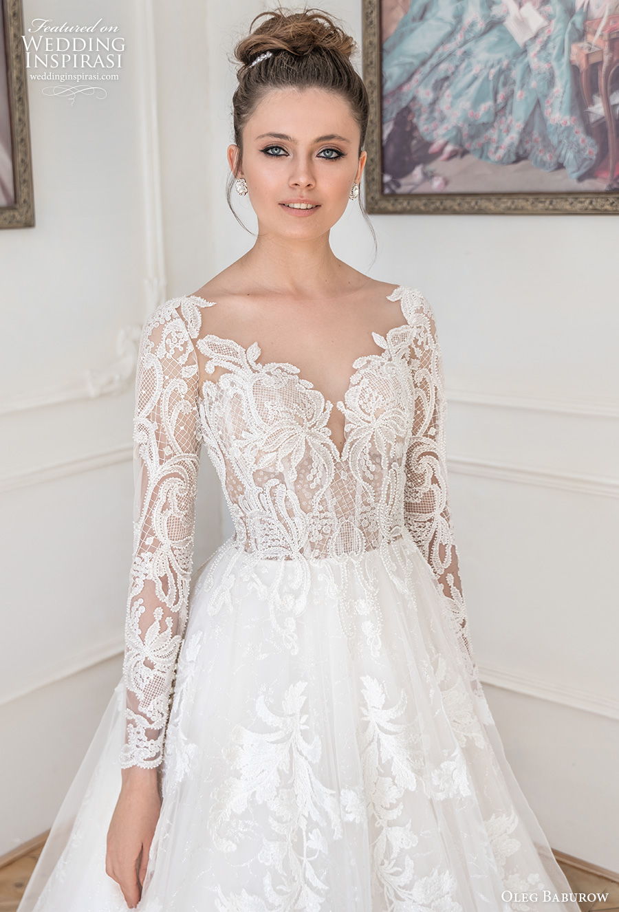 oleg baburow 2021 bridal long sleeves sweetheart neckline heavily embellished bodice romantic a  line wedding dress covered lace back short train (9) zv