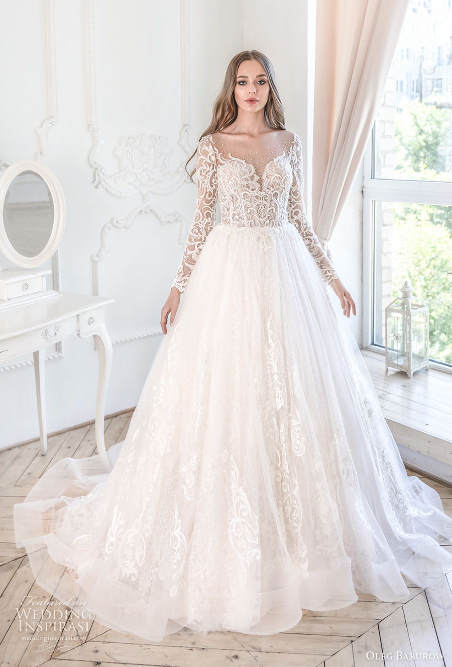 oleg baburow 2021 bridal long sleeves sweetheart neckline heavily embellished bodice romantic a  line wedding dress sheer button back chapel train (15) mv