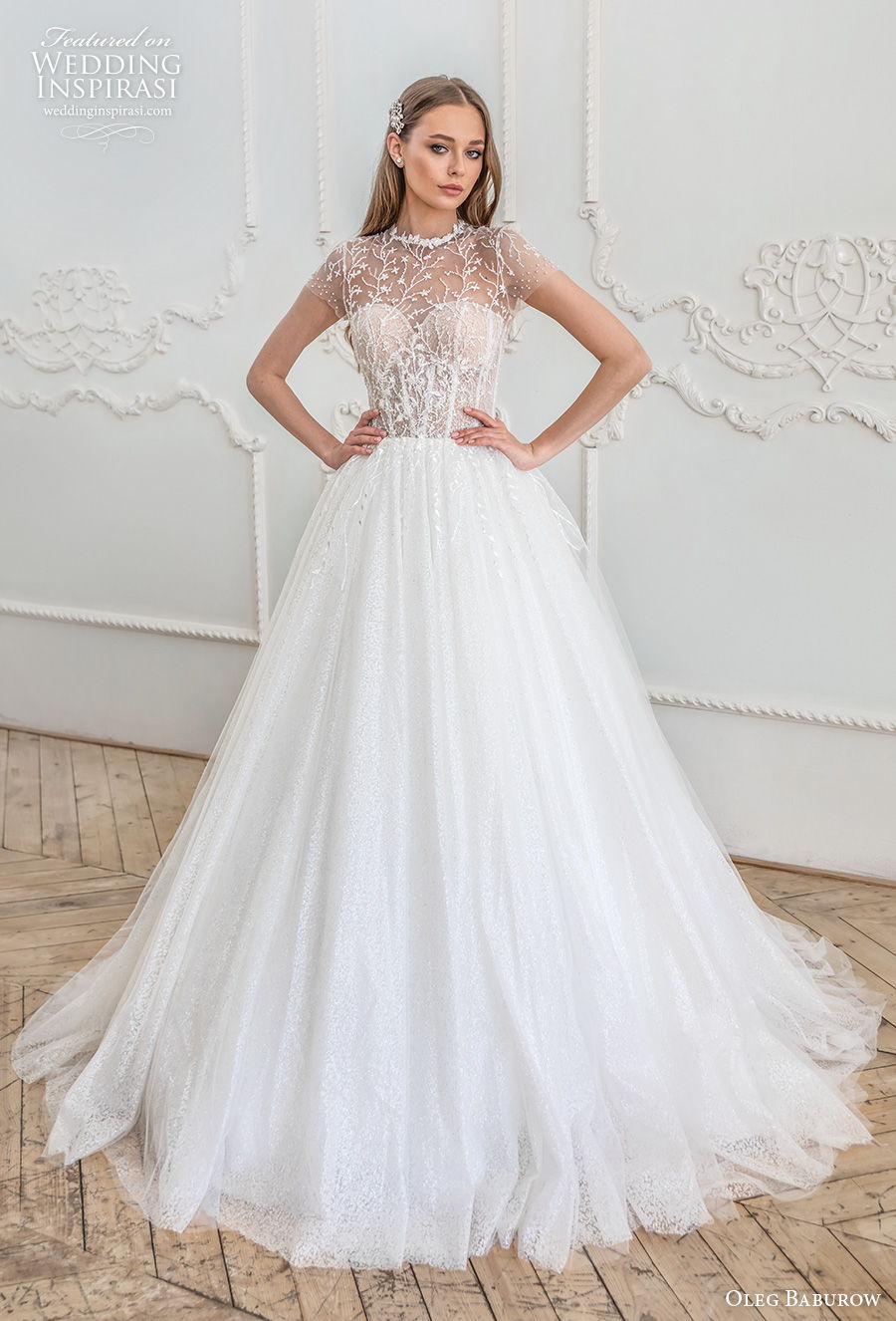 oleg baburow 2021 bridal short sleeves illusion jewel neck sweetheart neckline heavily embellished bodice romantic a  line wedding dress lace back chapel train (6) mv