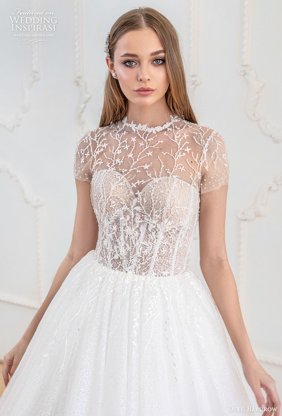 oleg baburow 2021 bridal short sleeves illusion jewel neck sweetheart neckline heavily embellished bodice romantic a  line wedding dress lace back chapel train (6) zv