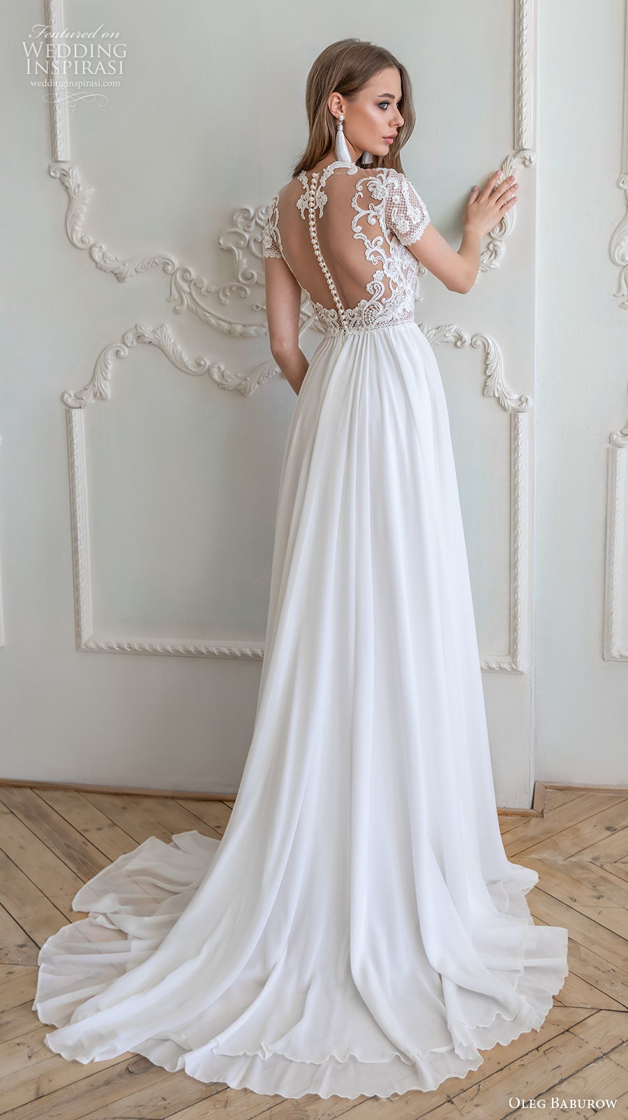 oleg baburow 2021 bridal short sleeves jewel neck heavily embellished bodice slit skirt romantic soft a  line wedding dress sheer button back short train (3) bv