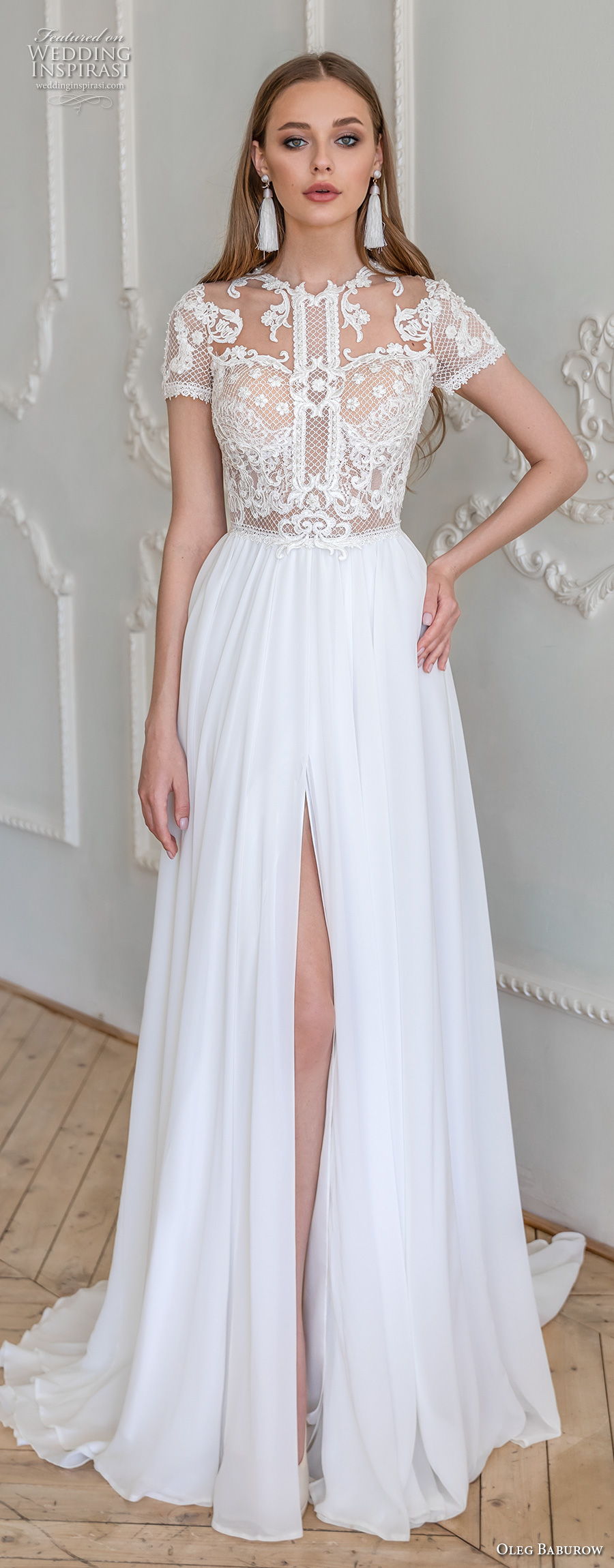 oleg baburow 2021 bridal short sleeves jewel neck heavily embellished bodice slit skirt romantic soft a  line wedding dress sheer button back short train (3) lv