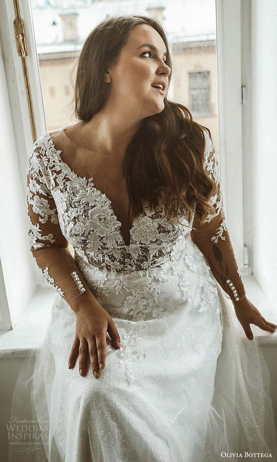 olivia bottega 2021 bridal plus illusion long sleeves plunging v neckline embellished lace bodice a line ball gown wedding dress sweep train (3) zv