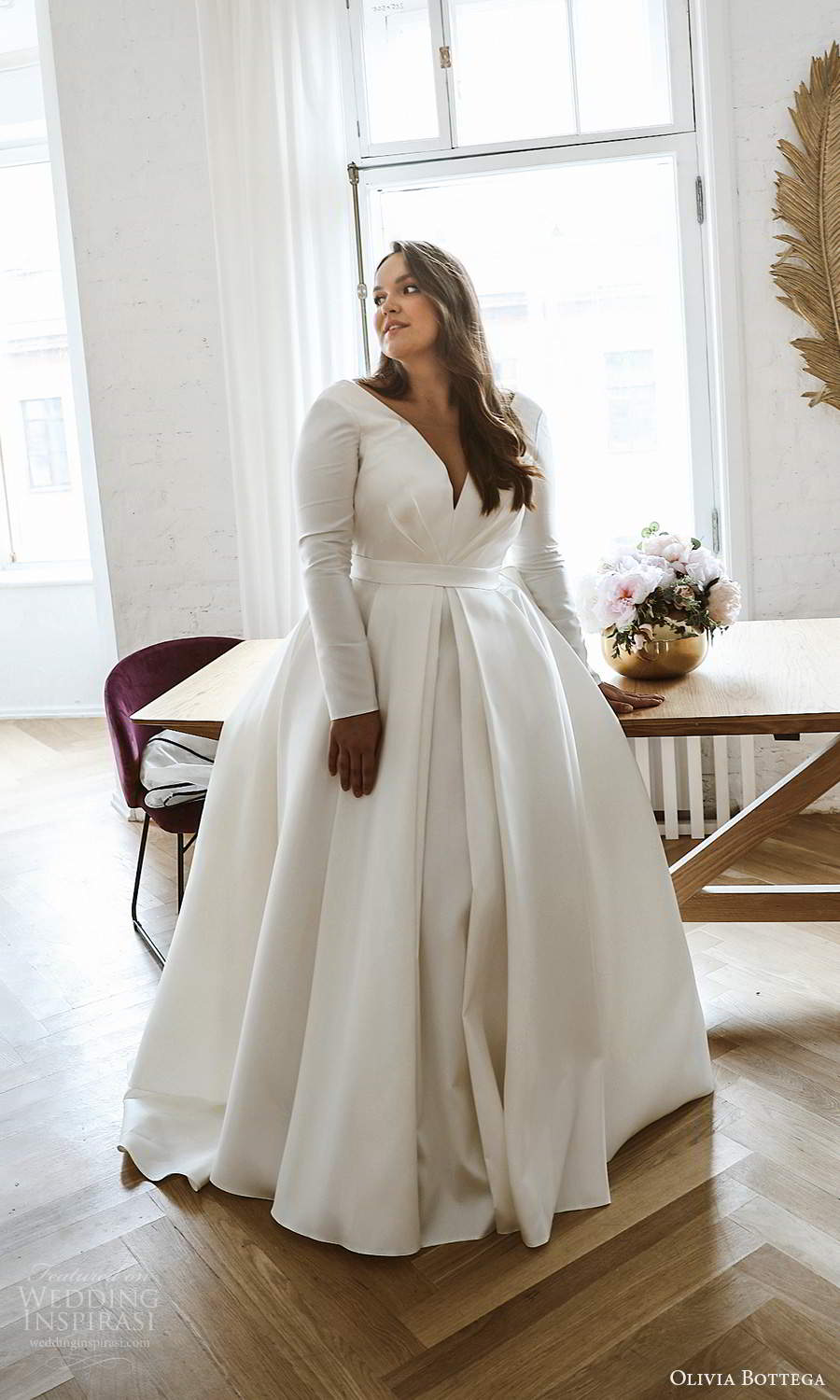 olivia bottega 2021 bridal plus long sleeves plunging v neckline clean minimalist a line ball gown wedding dress sweep train (1) mv