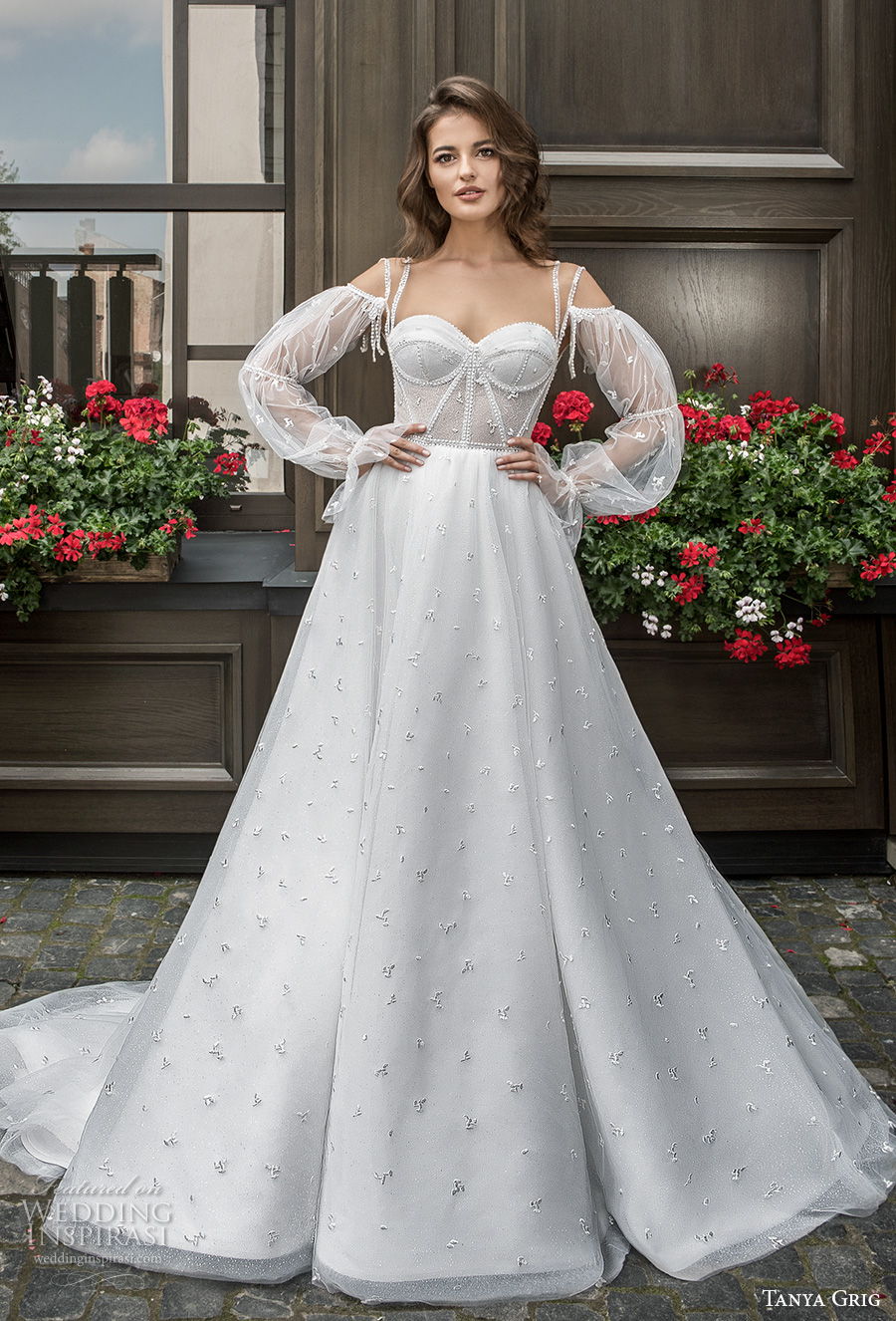 tanya grig 2021 bridal cold shoulder long bishop sleeves sweetheart neckline light embellishment bustier romantic a line wedding dress chapel train (11) mv tanya grig 2021 bridal cold shoulder long bishop sleeves sweetheart neckline light embellishment bustier romantic a line wedding dress chapel train (11) mv