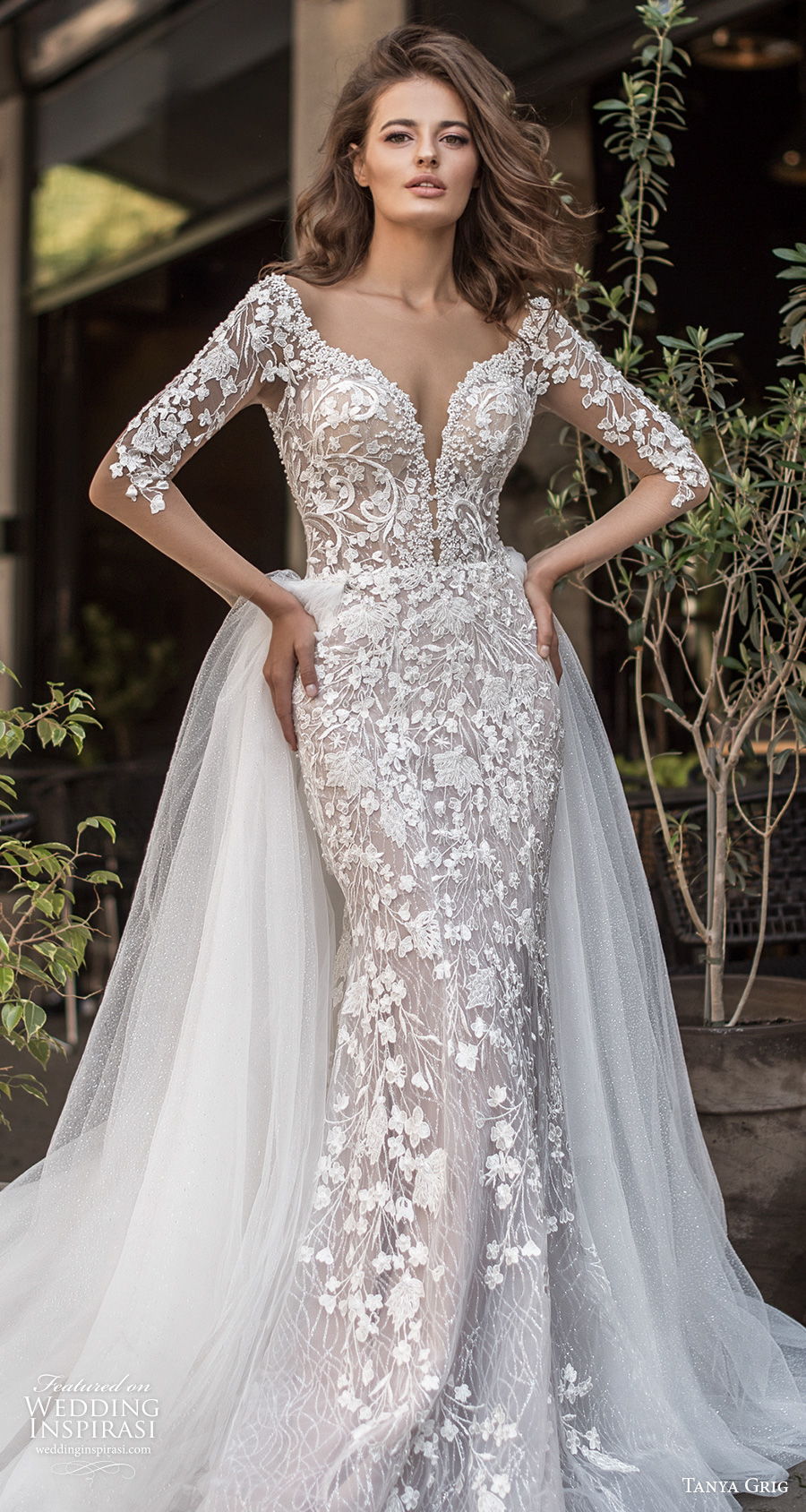 tanya grig 2021 bridal illusion half sleeves deep plunging sweetheart neckline full embellishment elegant romantic mermaid wedding dress a  line overskirt keyhole low back chapel train (5) lv