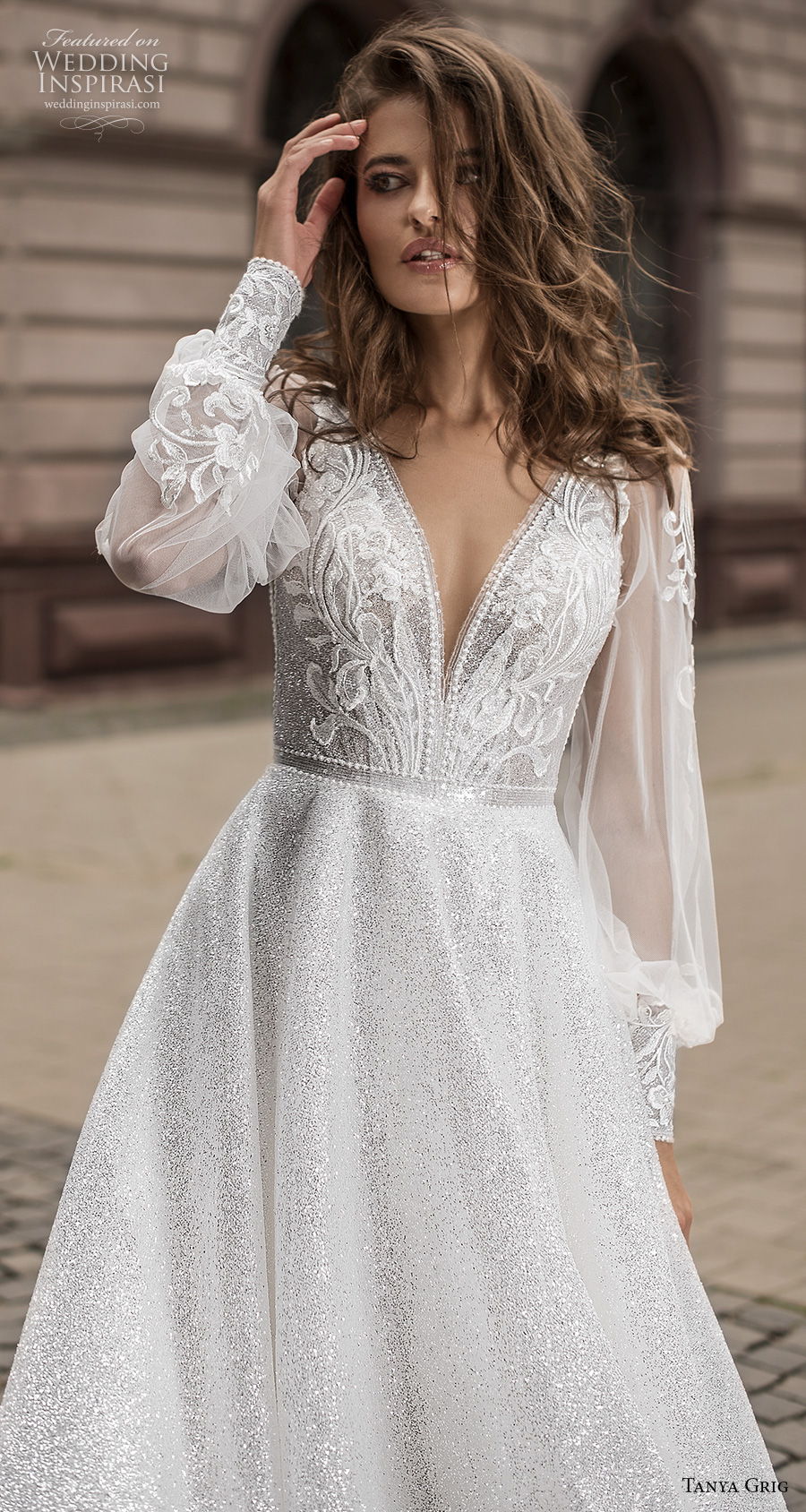 tanya grig 2021 bridal long bishop sleeves deep v neck full embellishment glamorous a  line wedding dress (14) zv