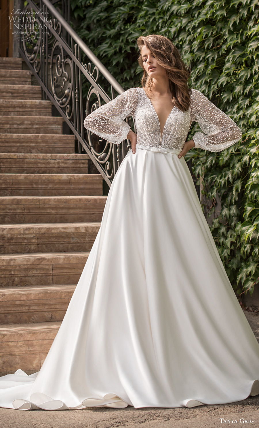 tanya grig 2021 bridal long bishop sleeves deep v neck heavily embellished bodice romantic a  line wedding dress backless v back chapel train (1) mv