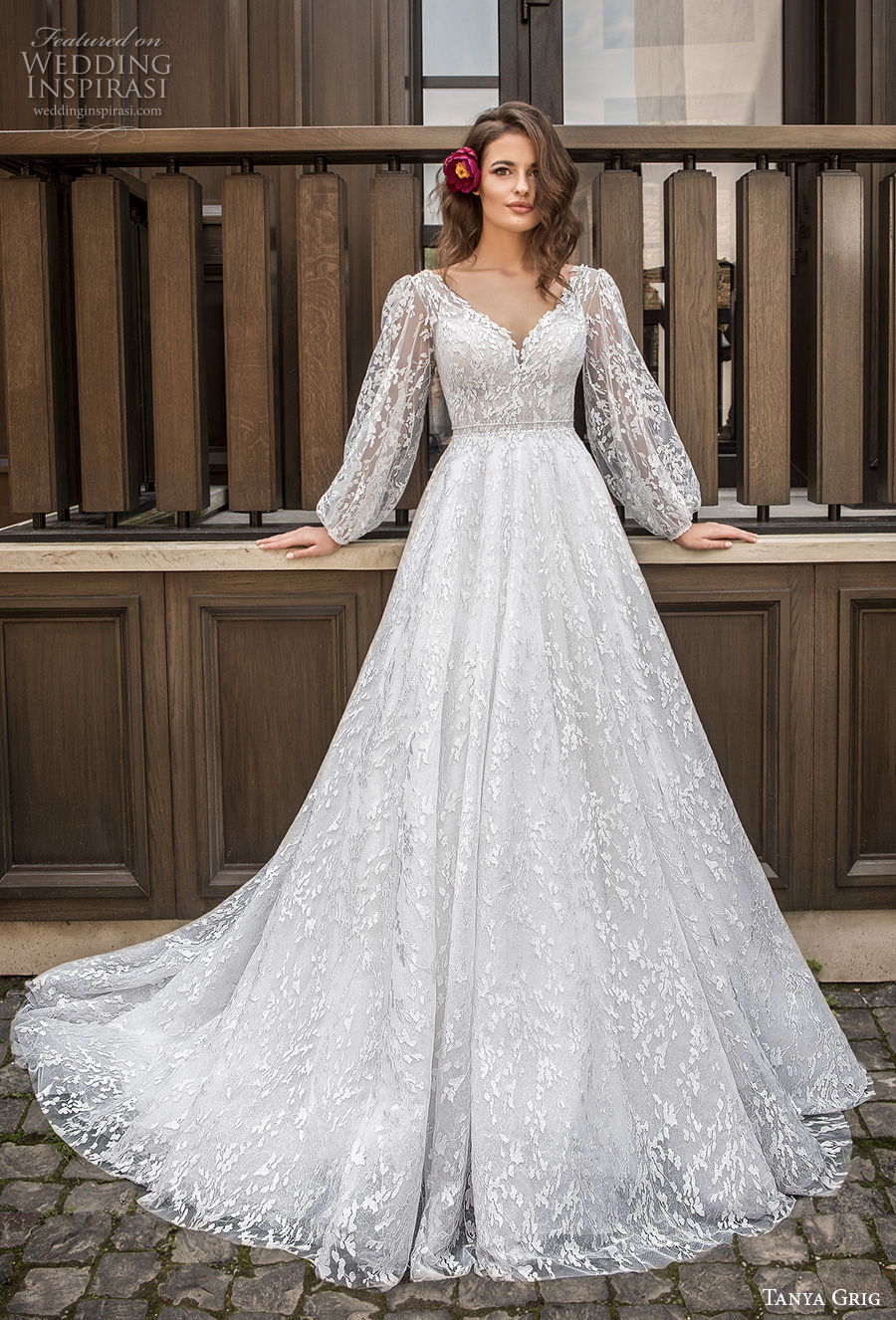 tanya grig 2021 bridal long bishop sleeves v neck full embellishment romantic a  line wedding dress v back chapel train (15) mv
