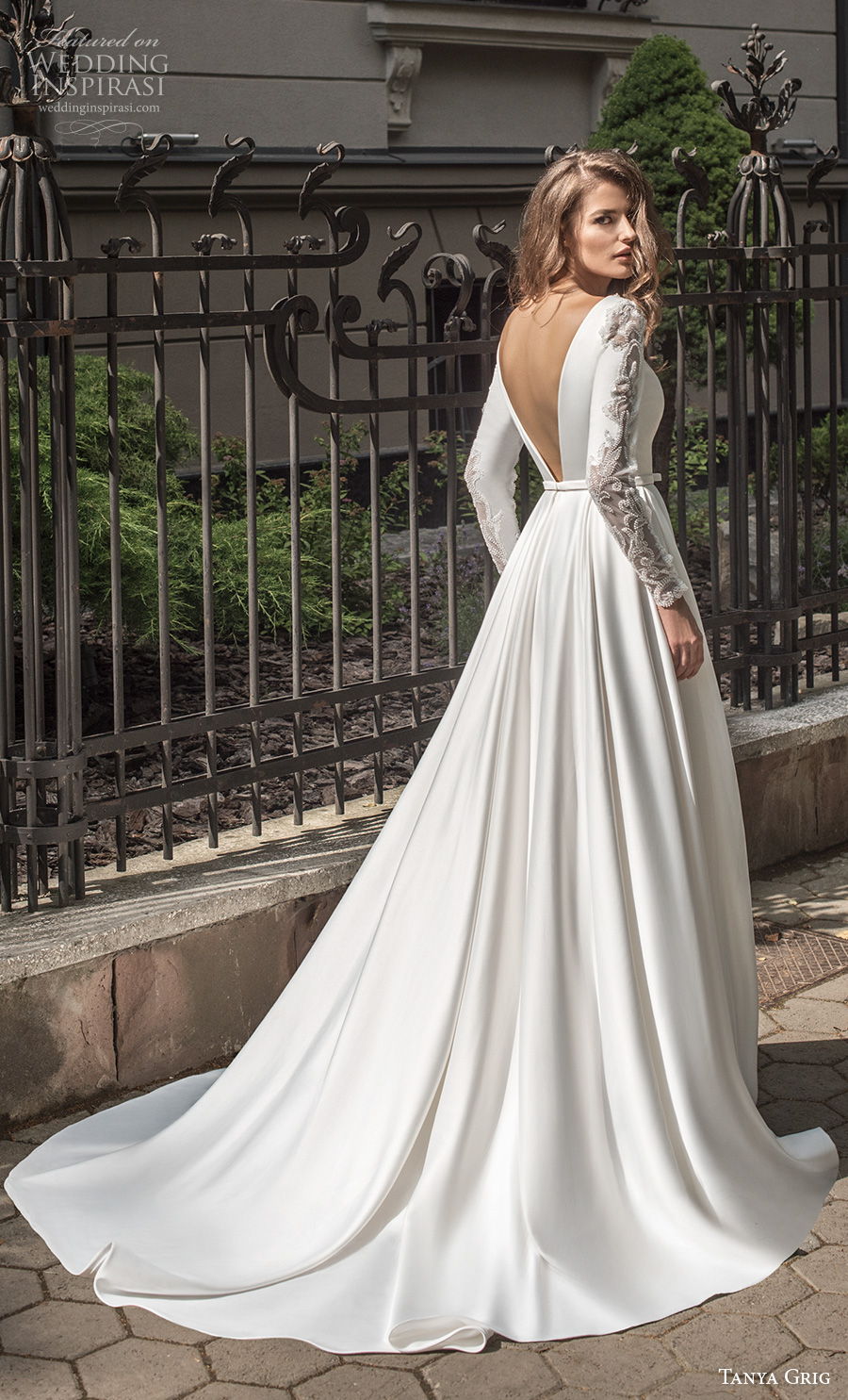 tanya grig 2021 bridal long sleeves deep v neck simple elegant minimalist a  line wedding dress backless v back chapel train (3) bv