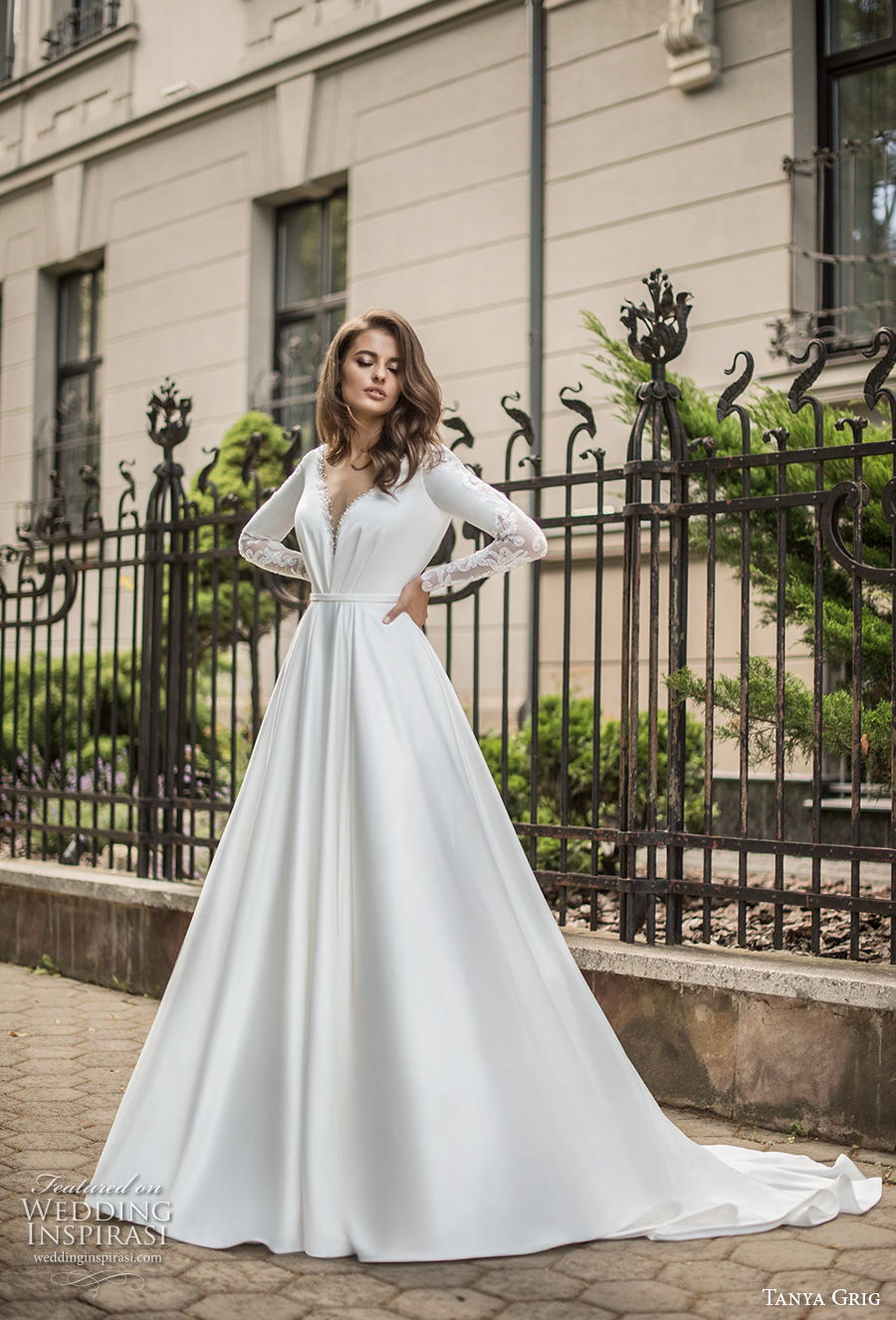 tanya grig 2021 bridal long sleeves deep v neck simple elegant minimalist a line wedding dress backless v back chapel train (3) mv tanya grig 2021 bridal long sleeves deep v neck simple elegant minimalist a line wedding dress backless v back chapel train (3) mv