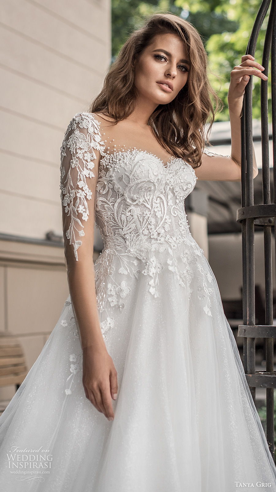 tanya grig 2021 bridal long sleeves sweetheart neckline heavily embellished bodice romantic a  line wedding dress sheer button back chapel train (4) zv