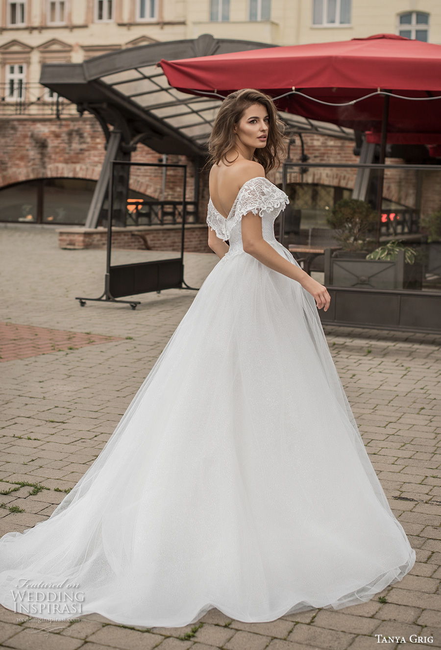 tanya grig 2021 bridal off the shoulder short sleeves v neck wrap over heavily embellished bodice romantic a  line wedding dress v back chapel train (9) bv