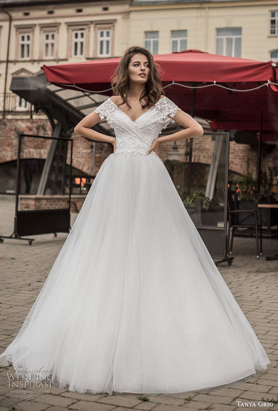 tanya grig 2021 bridal off the shoulder short sleeves v neck wrap over heavily embellished bodice romantic a  line wedding dress v back chapel train (9) mv