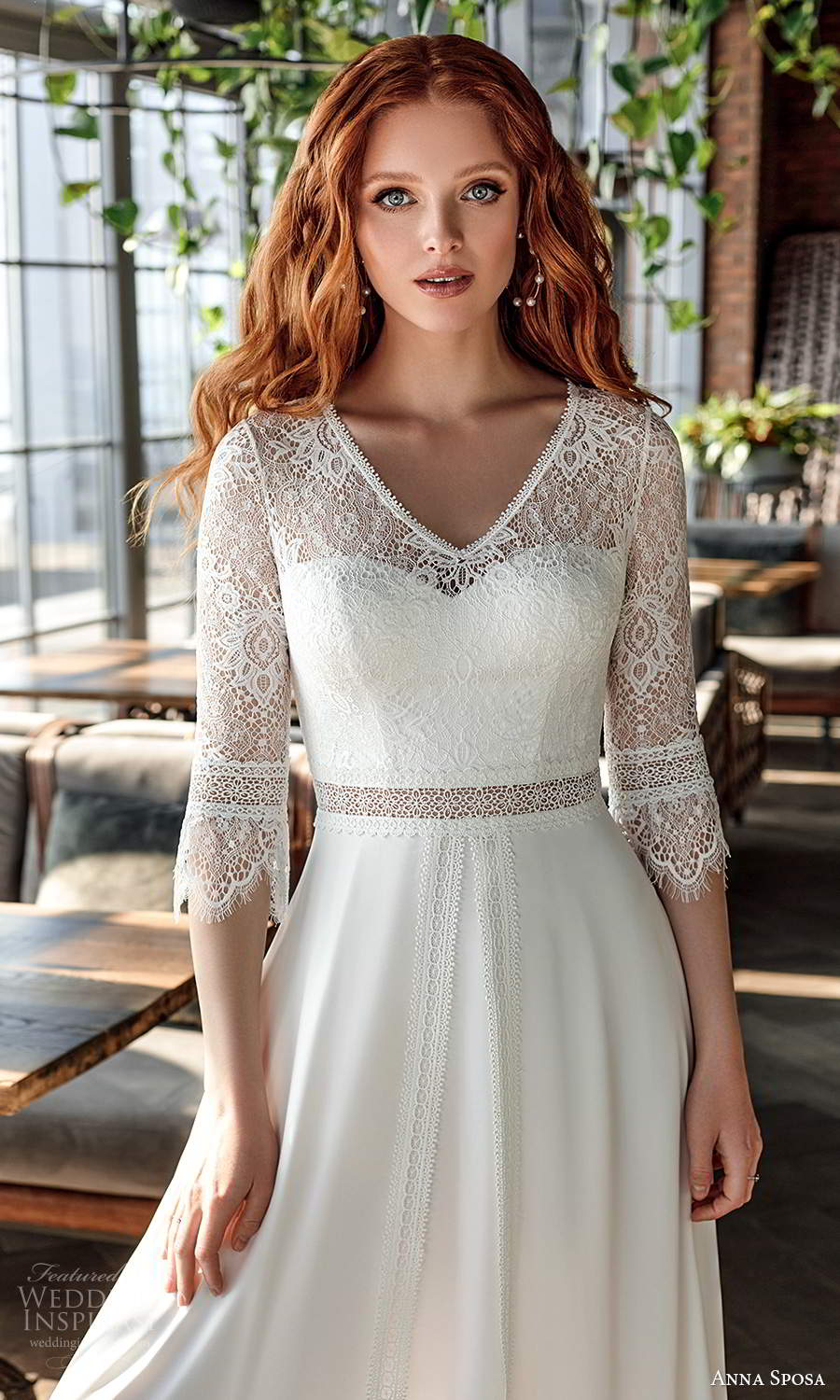 anna sposa 2021 boho bridal 3 quarter sleeves v neckline embellished lace bodice boho chic a line wedding dress chapel train (21) zv