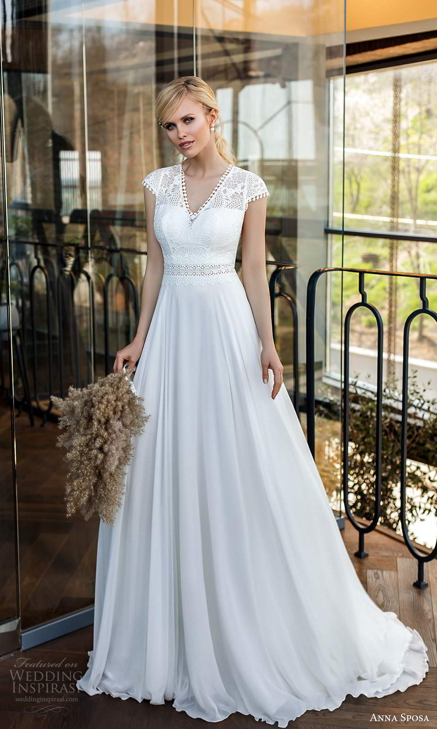 anna sposa 2021 boho bridal cap sleeves v neckline embellished lace bodice a line ball gown wedding dress chapel train (18) mv