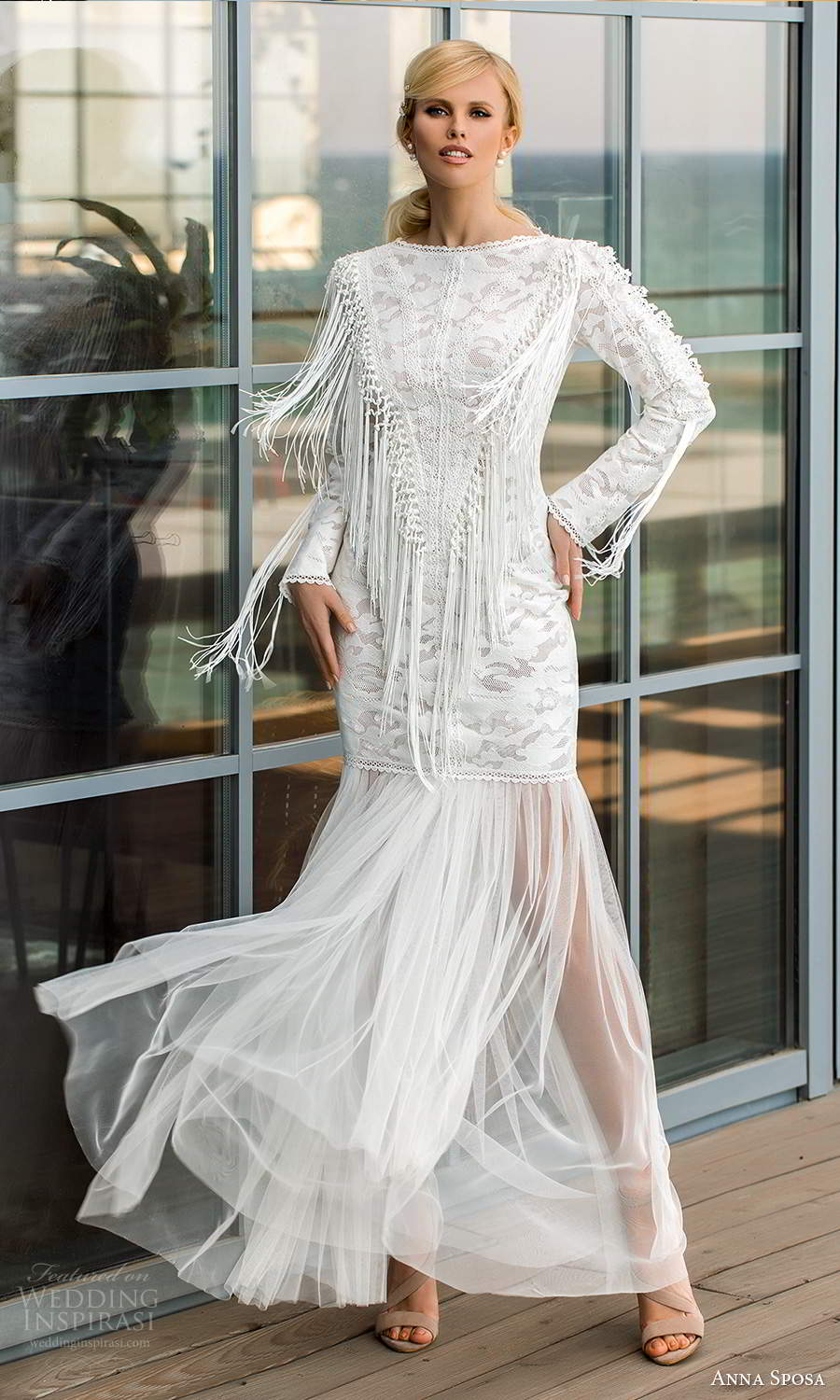 anna sposa 2021 boho bridal long sleeves bateau neckline embellished lace short wedding dress sheer underskirt (19) mv