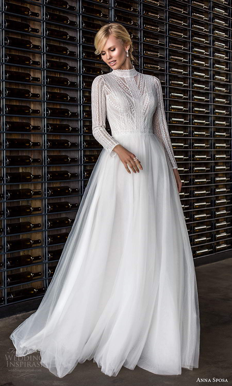 anna sposa 2021 boho bridal long sleeves high neckline embellished lace bodice clean skirt a line ball gown wedding dress chapel train (15) mv