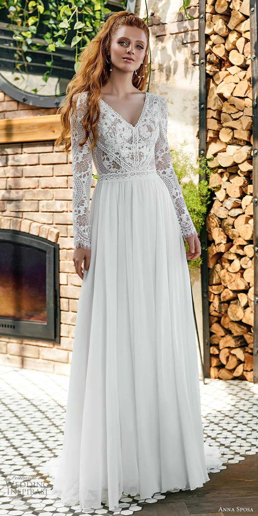 anna sposa 2021 boho bridal long sleeves v neckline embellished lace bodice clean skirt a line ball gown wedding dress scoop back chapel train (7) mv