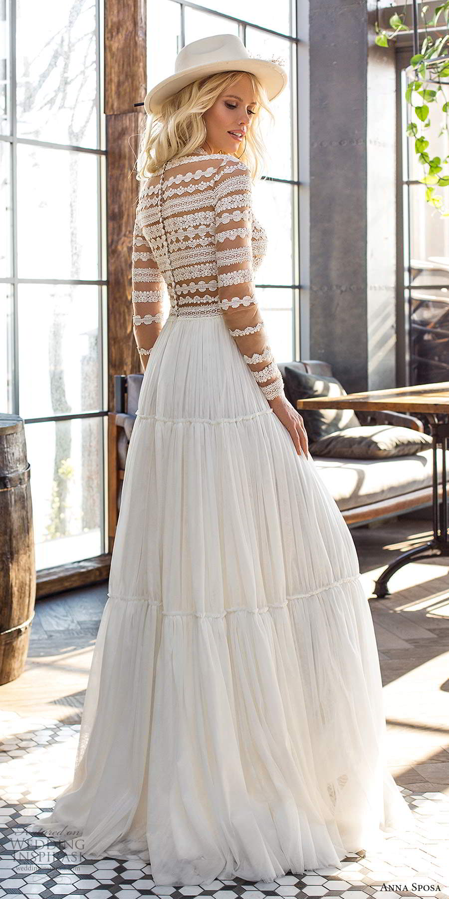 anna sposa 2021 boho bridal sheer long sleeves high neckline embellished lace bodice boho a line ball gown wedding dress tiered skirt sweep train (12) bv