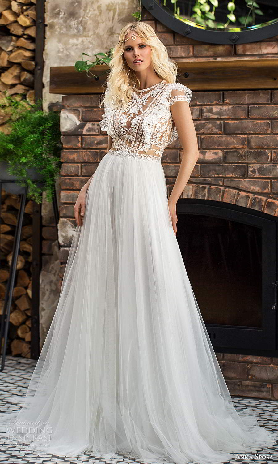 anna sposa 2021 boho bridal sheer short sleeves jewel neckline embellished lace bodice a line wedding dress chapel train (11) mv