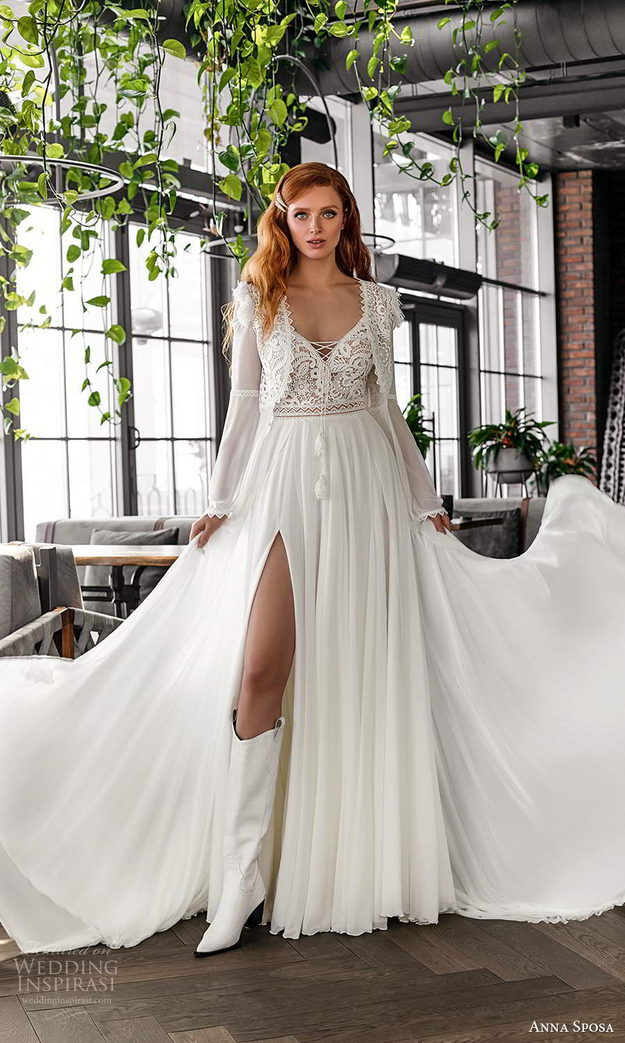 anna sposa 2021 boho bridal sleeveless straps sweetheart neckline embellished lace bodice a line wedding dress slit skirt boho chic long sleeve jacket (22) mv