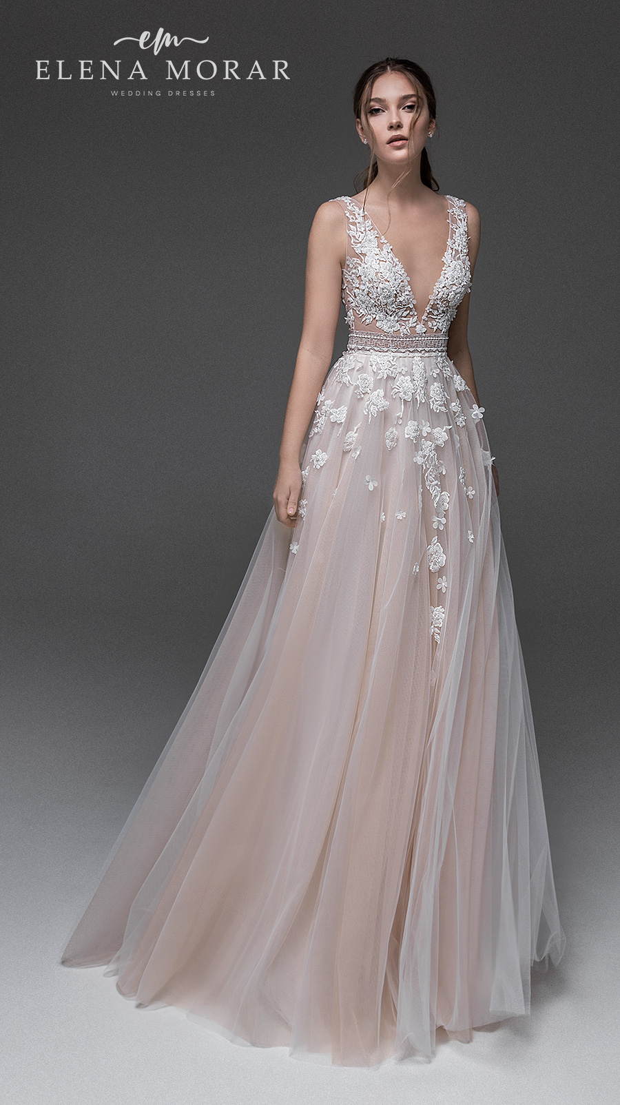 elena morar 2021 desert rose bridal sleeveless deep v neck heavily embellished bodice romantic blush soft a line wedding dress v back sweep train (021) mv