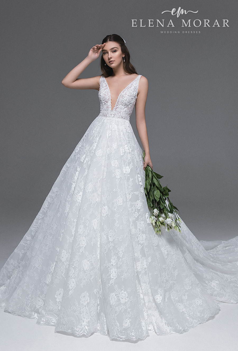 elena morar 2021 desert rose bridal sleeveless with strap deep v neck full embellishment romantic a line wedding dress v back chapel train (033) mv