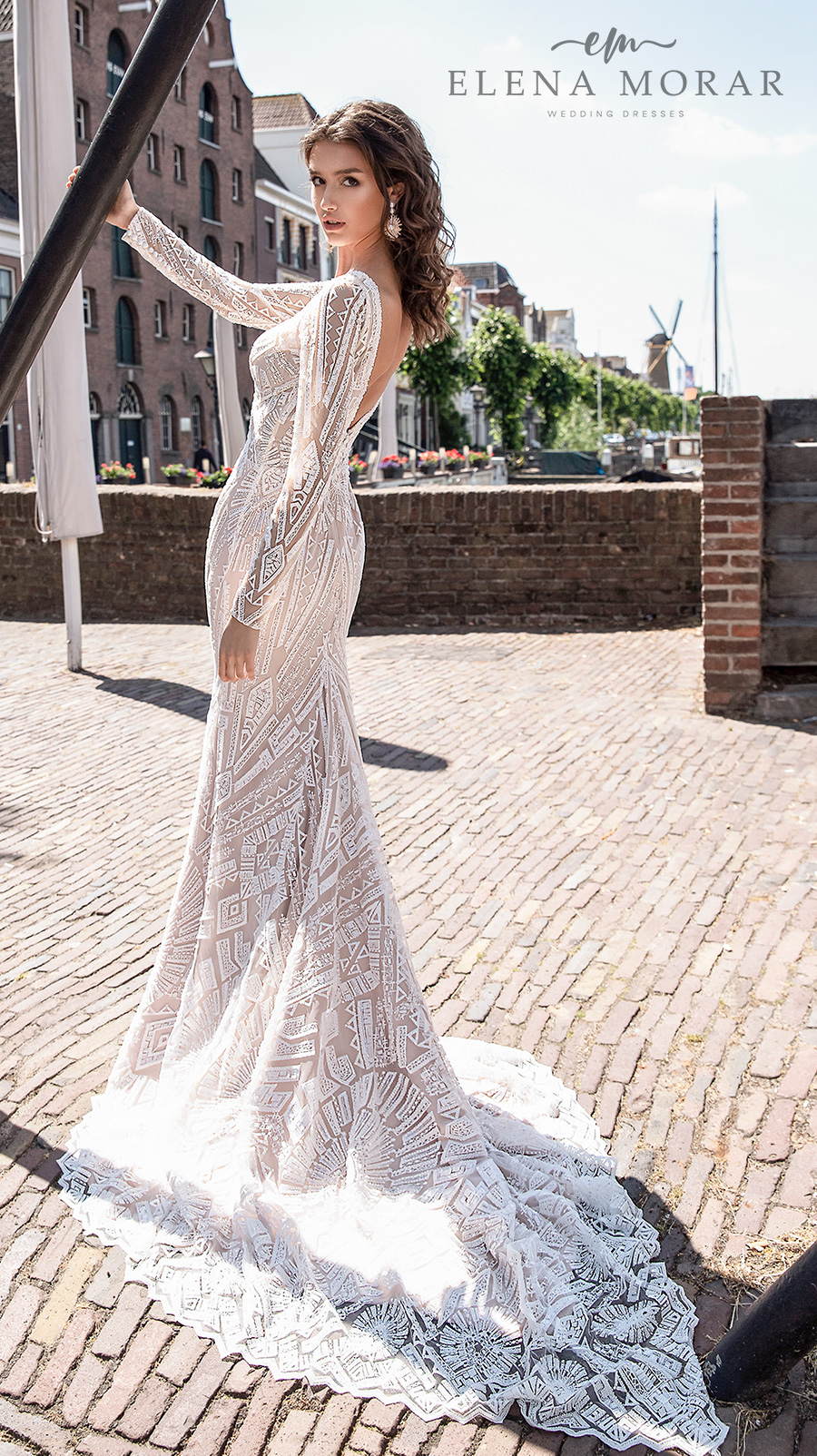 elena morar 2021 rotterdam bridal long sleeves deep plunging v neck full embellishment elegant glamorous fit and flare wedding dress v back medium train (rm005) bv