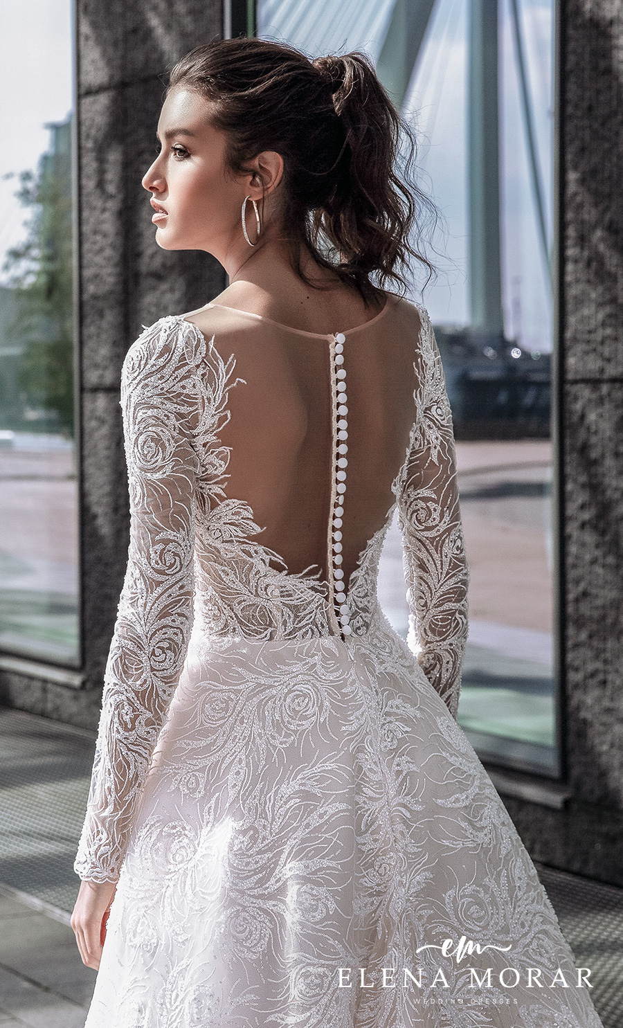 elena morar 2021 rotterdam bridal long sleeves illusion bateau v neck full embellishment romantic a line wedding dress sheer button v back (rm015) zbv