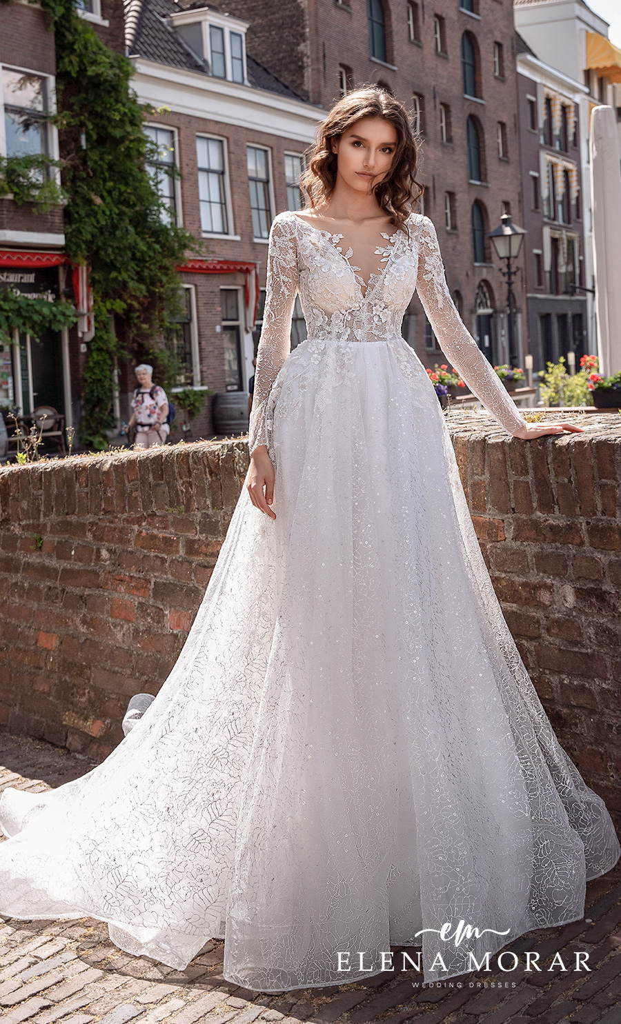 elena morar 2021 rotterdam bridal long sleeves v neck heavily embellished bodice romantic a line wedding dress v back chapel train (rm006) mv