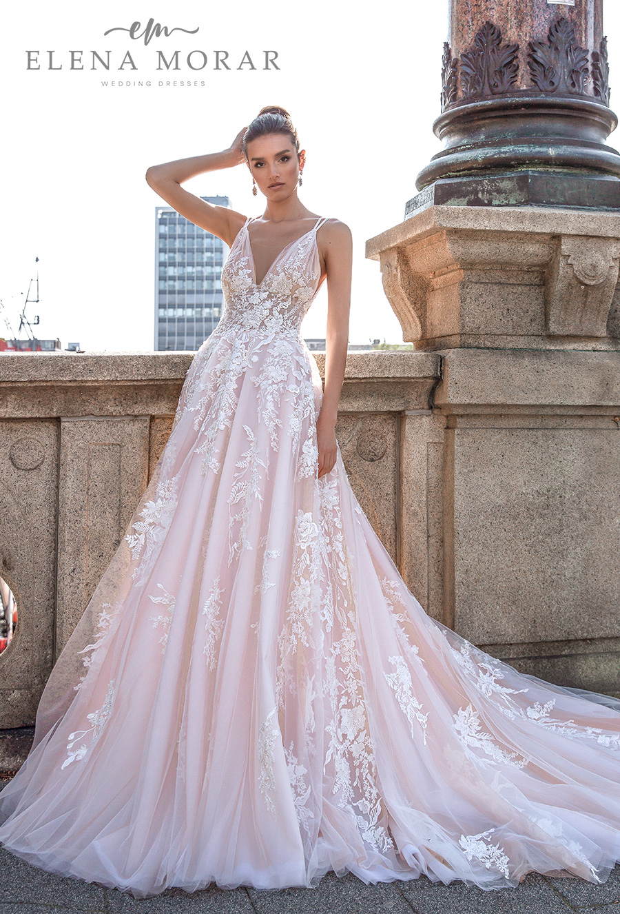 elena morar 2021 rotterdam bridal sleeveless double strap v neck heavily embellished bodice romantic blush a line wedding dress backless v back long train (rm017) mv