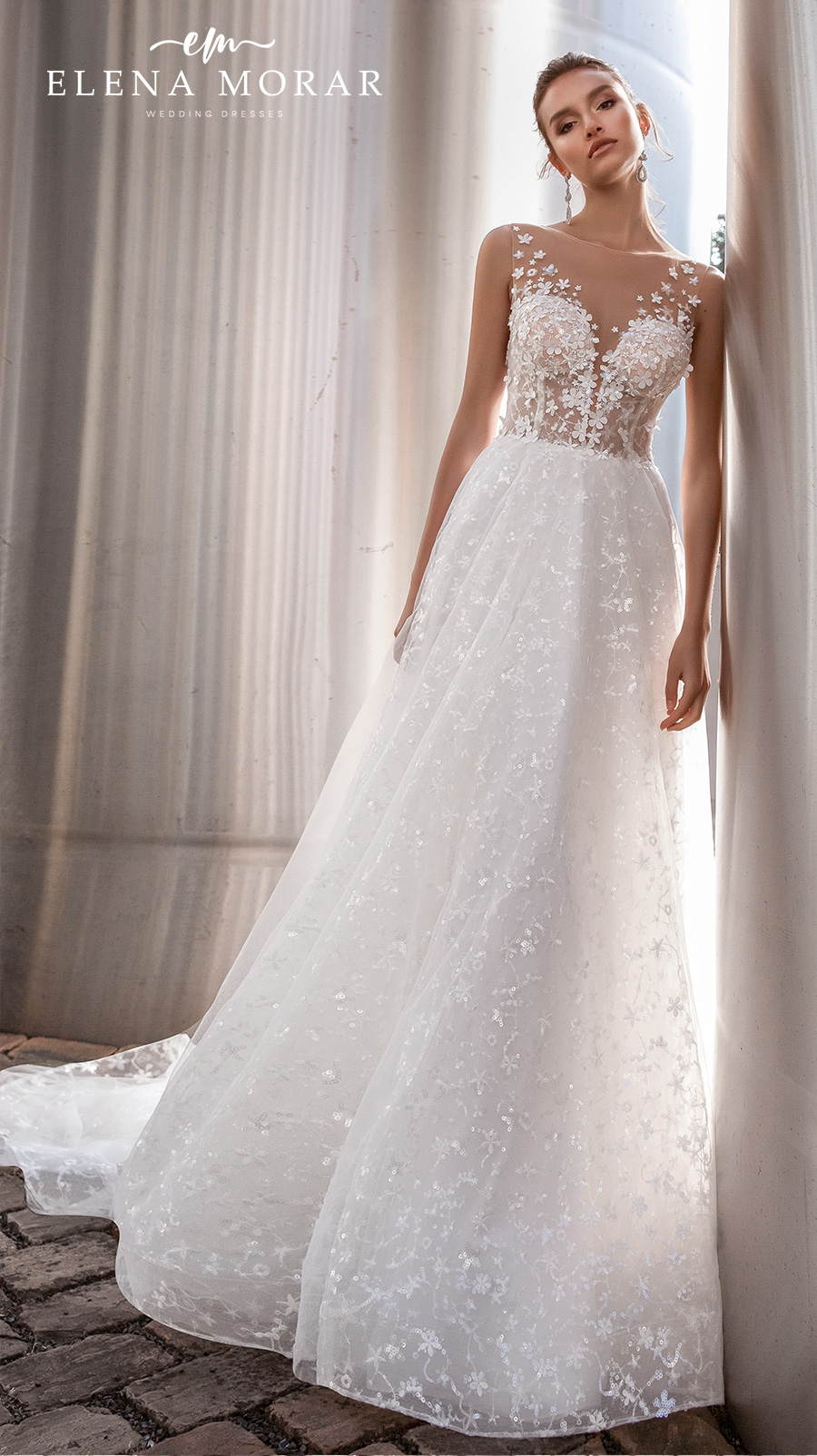 elena morar 2021 rotterdam bridal sleeveless illusion bateau v neck heavily embellished bodice romantic a line wedding dress sheer lace back chapel train (rm016) mv