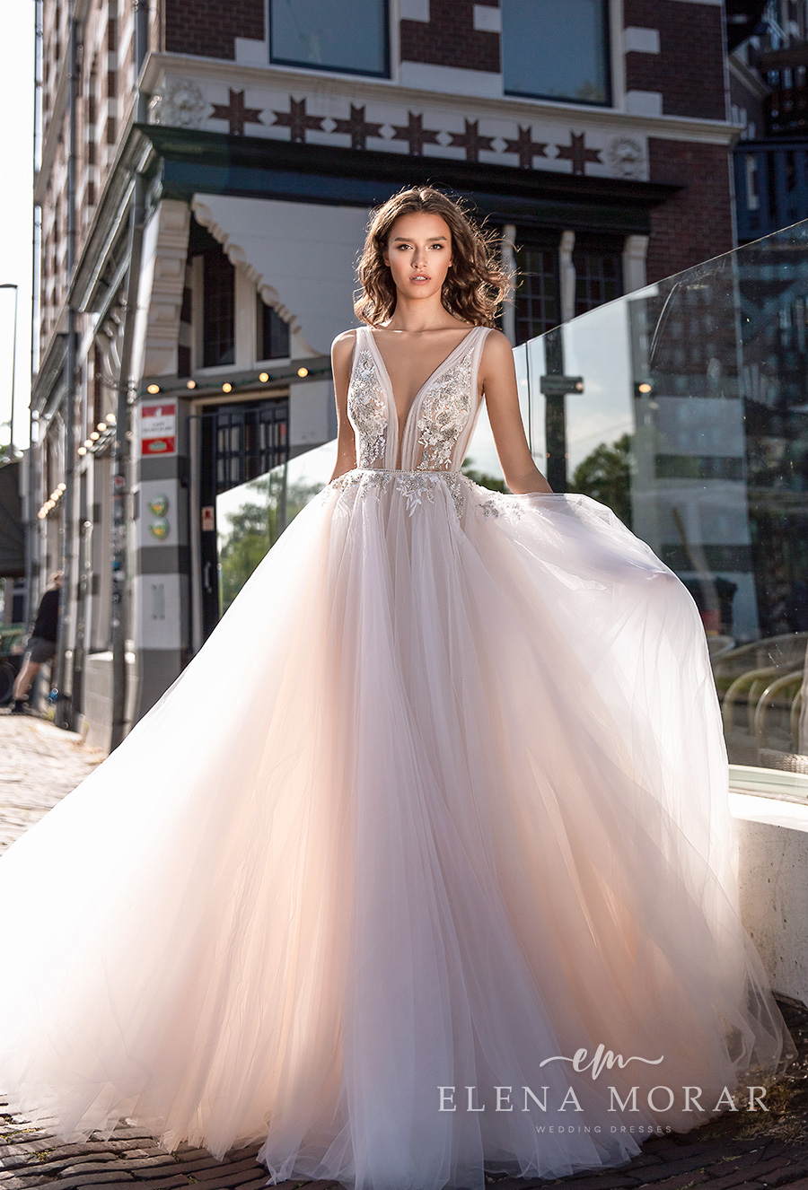 elena morar 2021 rotterdam bridal sleeveless with strap deep v neck heavily embellished bodice tulle skirt romantic soft a line wedding dress low v back sweep train (rm001) mv