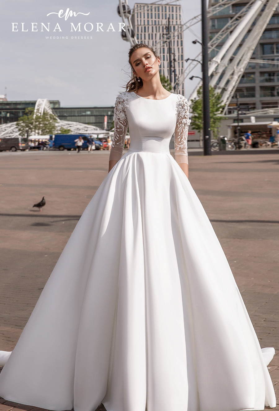 elena morar 2021 rotterdam bridal three quarter sleeves jewel neck simple minimalist princess elegant a line wedding dress corset back chapel train (rm029) mv