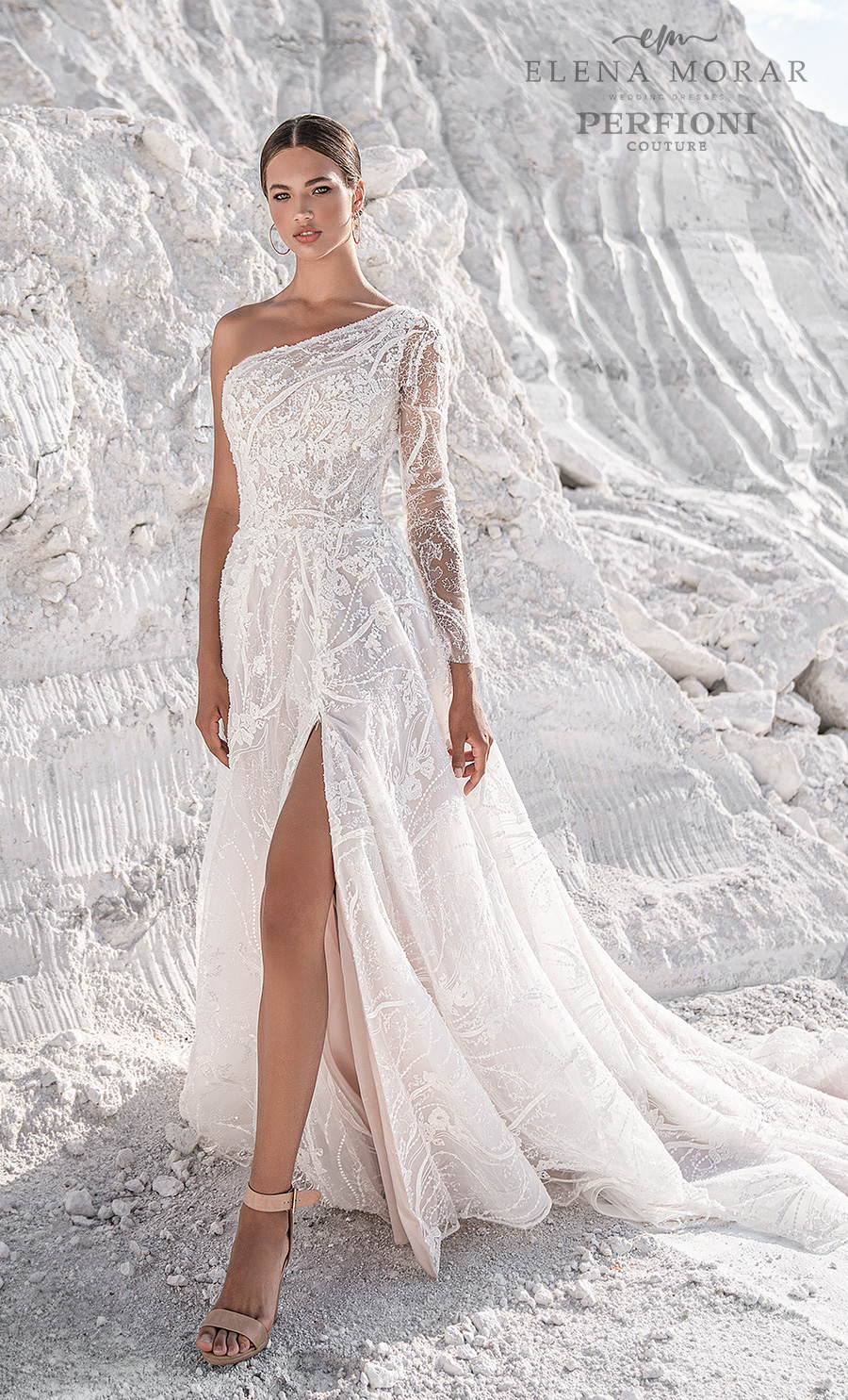elena morar perfioni 2021 bridal long sleeves one shoulder full embellishment slit skirt elegant romantic a line wedding dress chapel train (2) mv