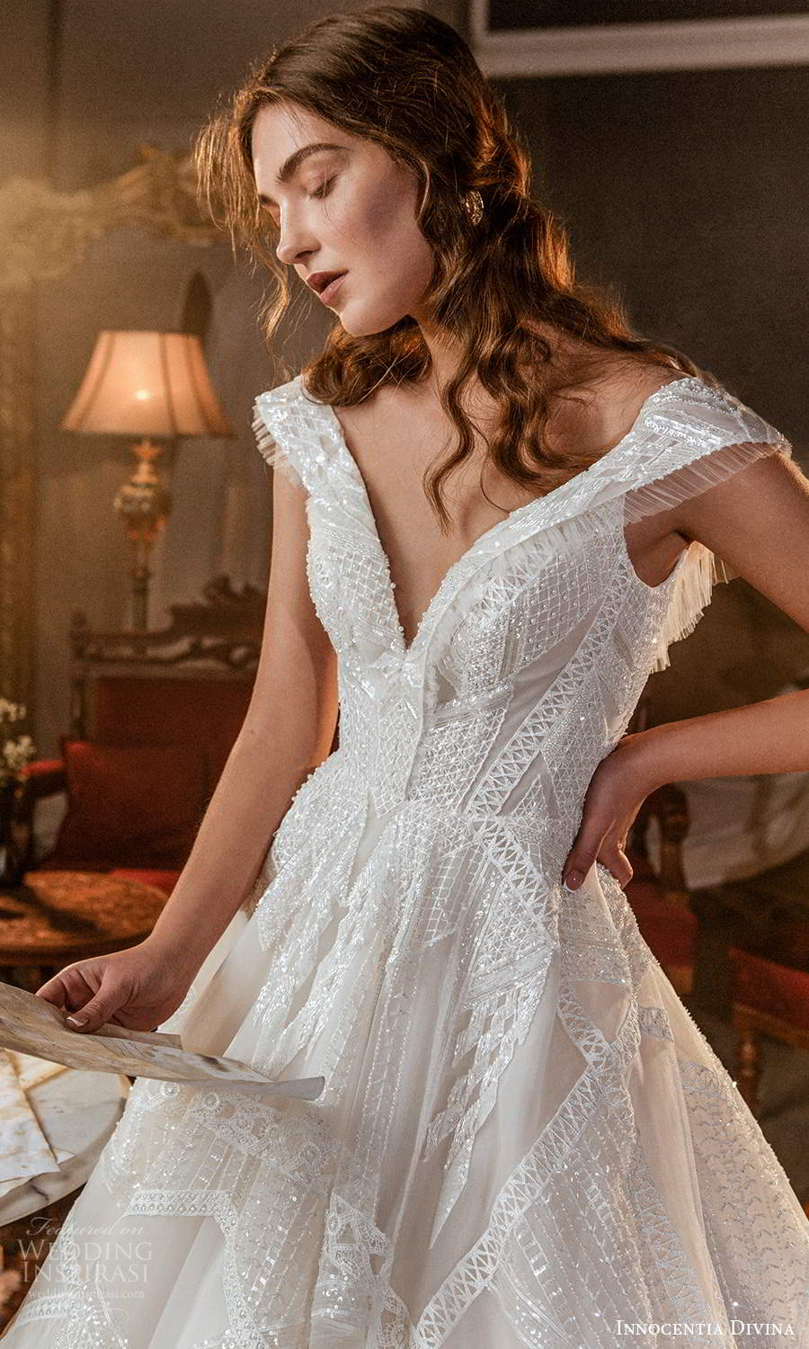 innocentia divina 2021 bridal cap sleeves off shoulder v neckline fully embellished a line ball gown wedding dress chapel train (14) mv