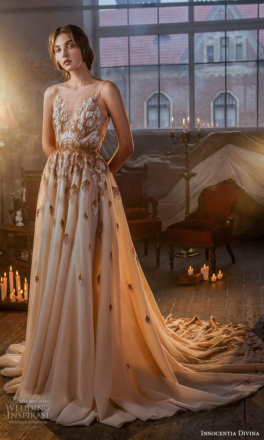 innocentia divina 2021 bridal sleeveless illusion straps v neckline embellished bodice a line ball gown wedding dress chapel train blush (6) mv