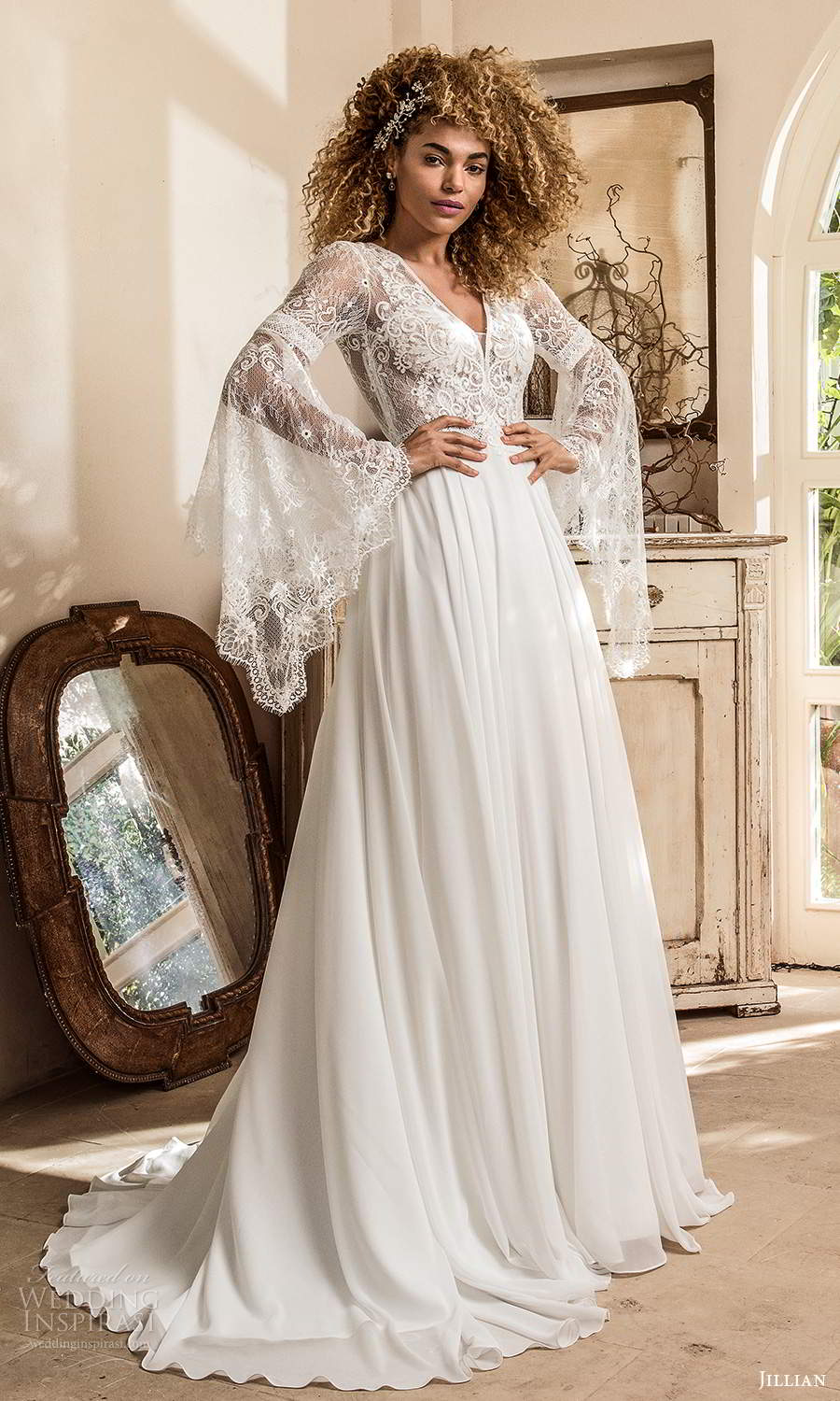 jillian sposa 2021 bridal long flare sleeve v neckline lace bodice a line boho wedding dress (4) mv