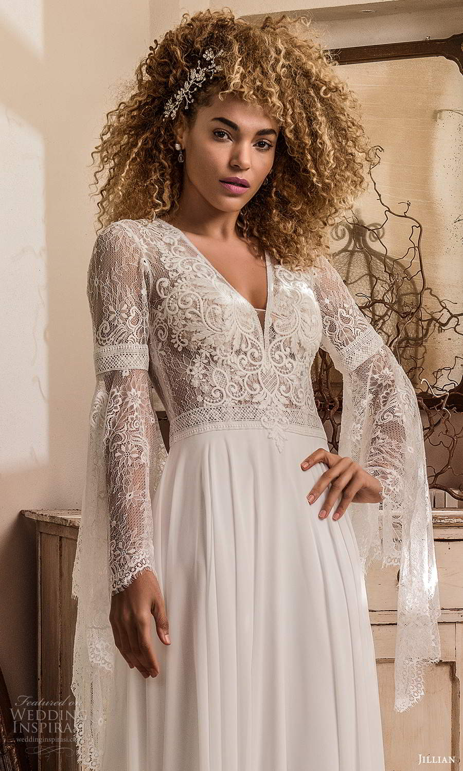 jillian sposa 2021 bridal long flare sleeve v neckline lace bodice a line boho wedding dress (4) zv 